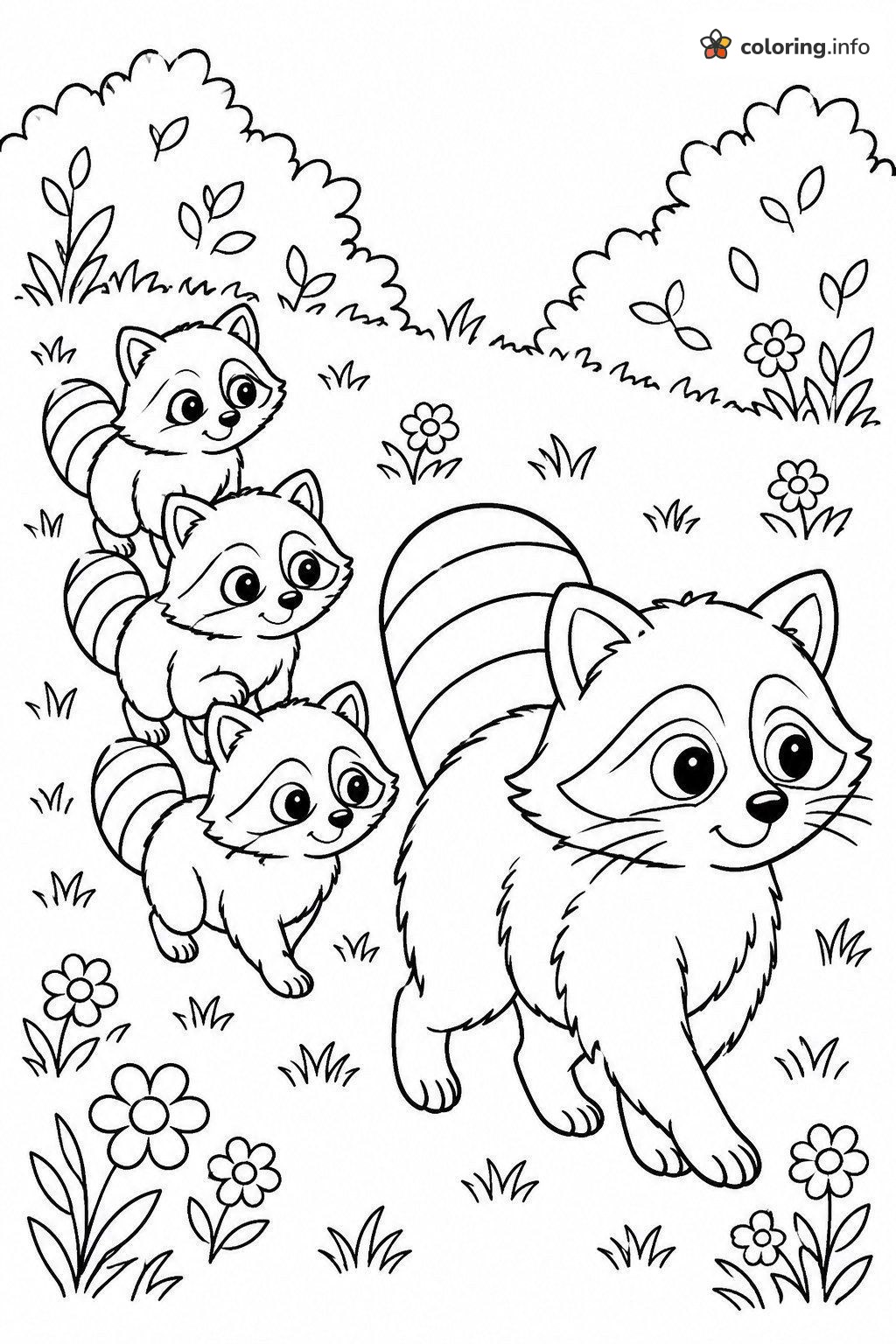 Raccoon Family Strolling Across a Flower Meadow coloring page Raccoon Family Strolling Across a Flower Meadow coloring page
