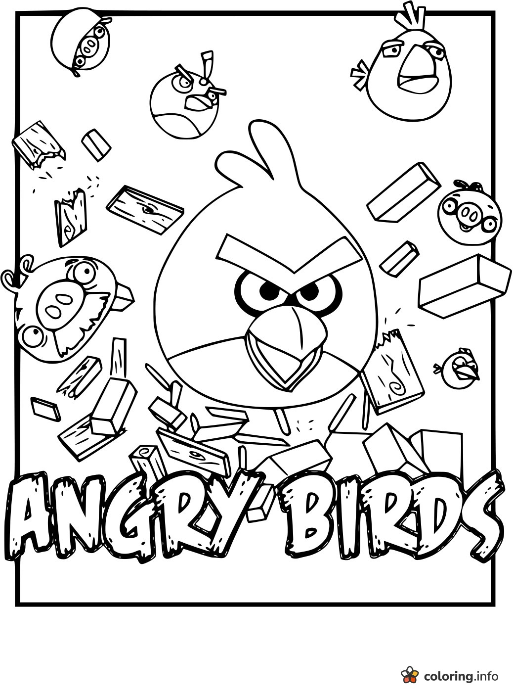 Angry Birds Red Smashing Through a Wooden Wall printable coloring page Angry Birds Red Smashing Through a Wooden Wall printable coloring page