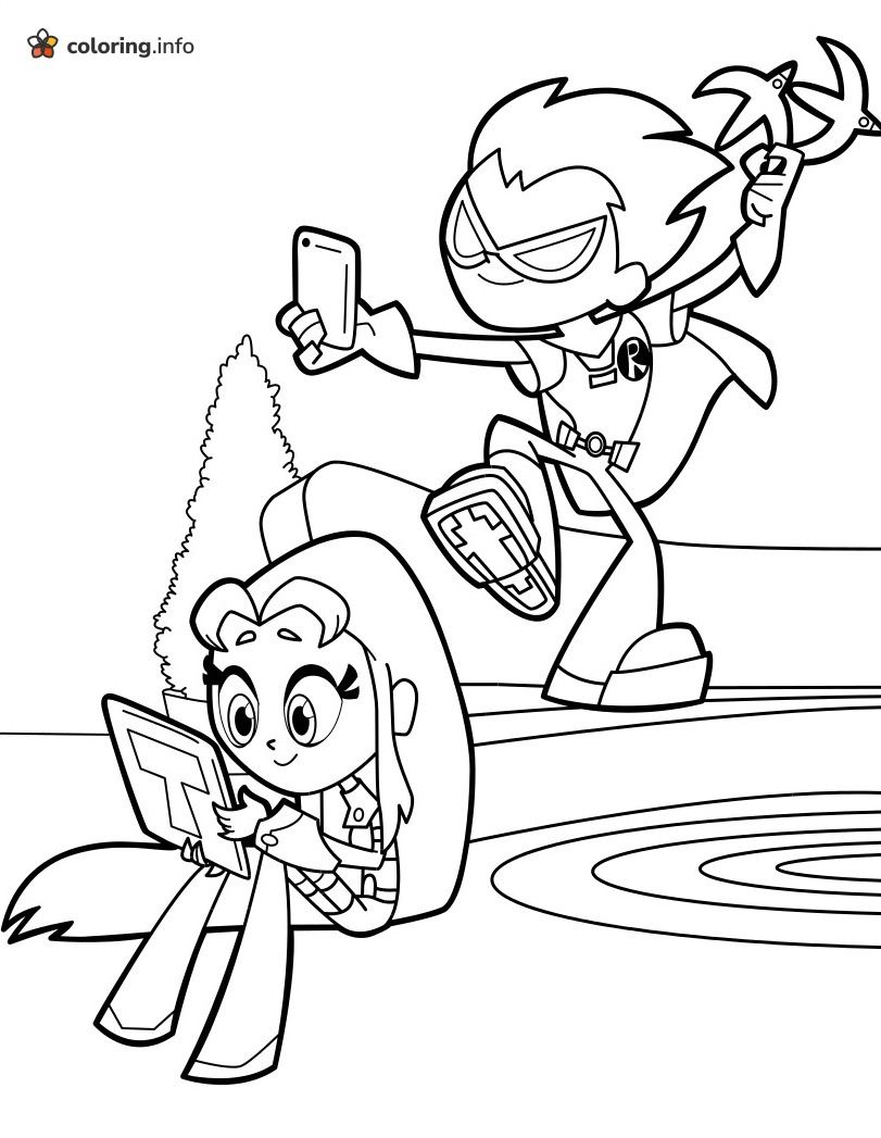 Robin Snapping Selfies While Starfire Reads a Tablet, Teen Titans Go! coloring page Robin Snapping Selfies While Starfire Reads a Tablet, Teen Titans Go! coloring page