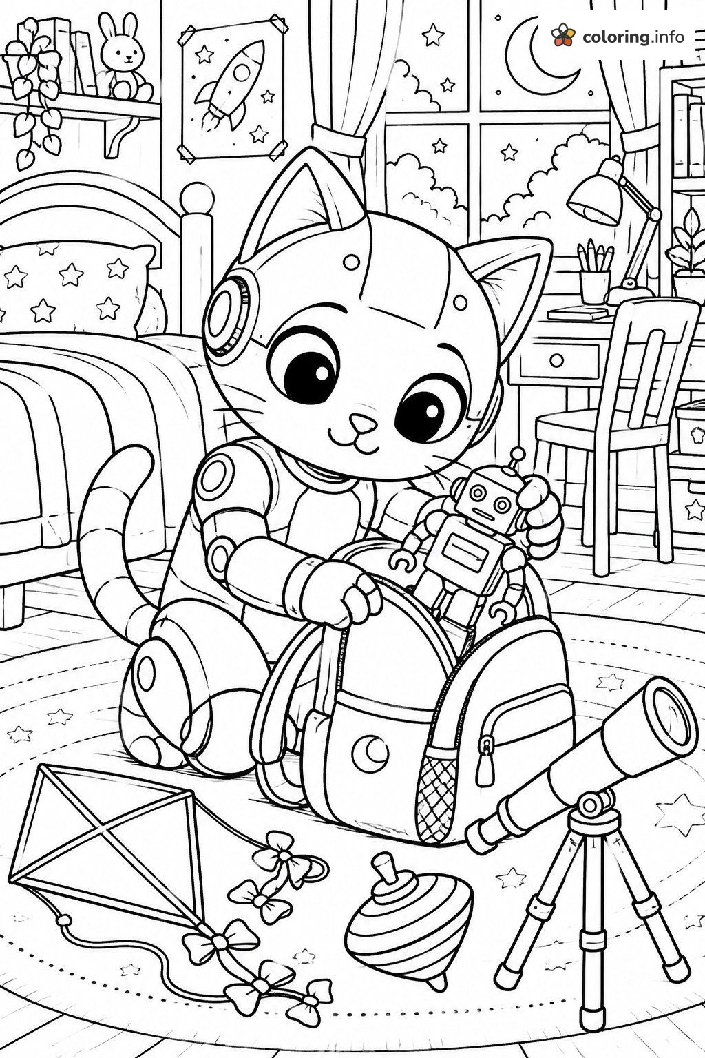 Starry Bedroom Backpack Packing With a Doraemon-Style Robot Cat coloring page Starry Bedroom Backpack Packing With a Doraemon-Style Robot Cat coloring page
