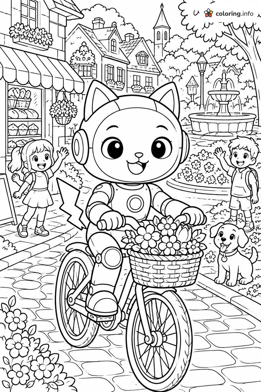 Doraemon Pedaling a Flower-Basket Bike Through Town coloring page Doraemon Pedaling a Flower-Basket Bike Through Town coloring page