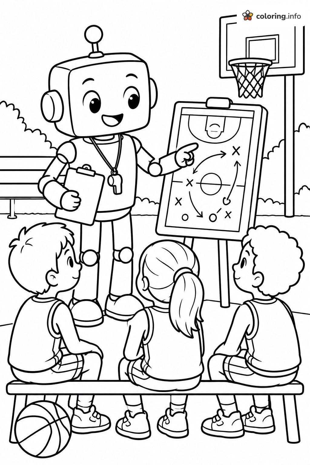 Friendly Robot Coach Drawing Up a Basketball Play coloring page Friendly Robot Coach Drawing Up a Basketball Play coloring page