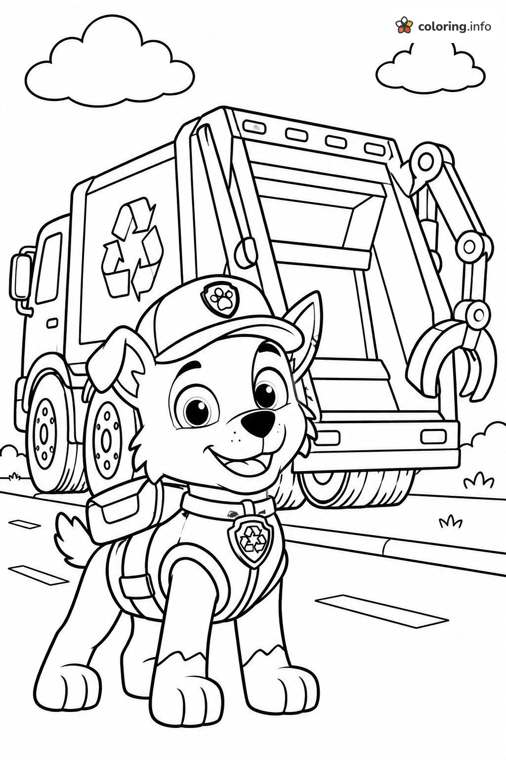 Garbage Truck Behind Rocky (PAW Patrol) on a Quiet Road coloring page Garbage Truck Behind Rocky (PAW Patrol) on a Quiet Road coloring page