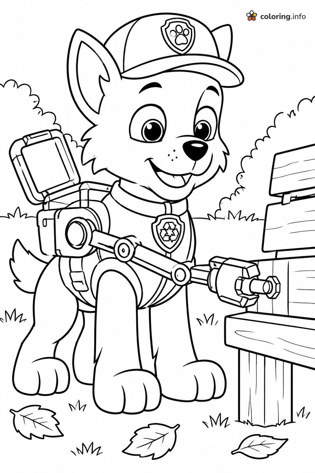 Robotic Arm Fixing a Park Bench with Rocky (PAW Patrol) coloring page Robotic Arm Fixing a Park Bench with Rocky (PAW Patrol) coloring page