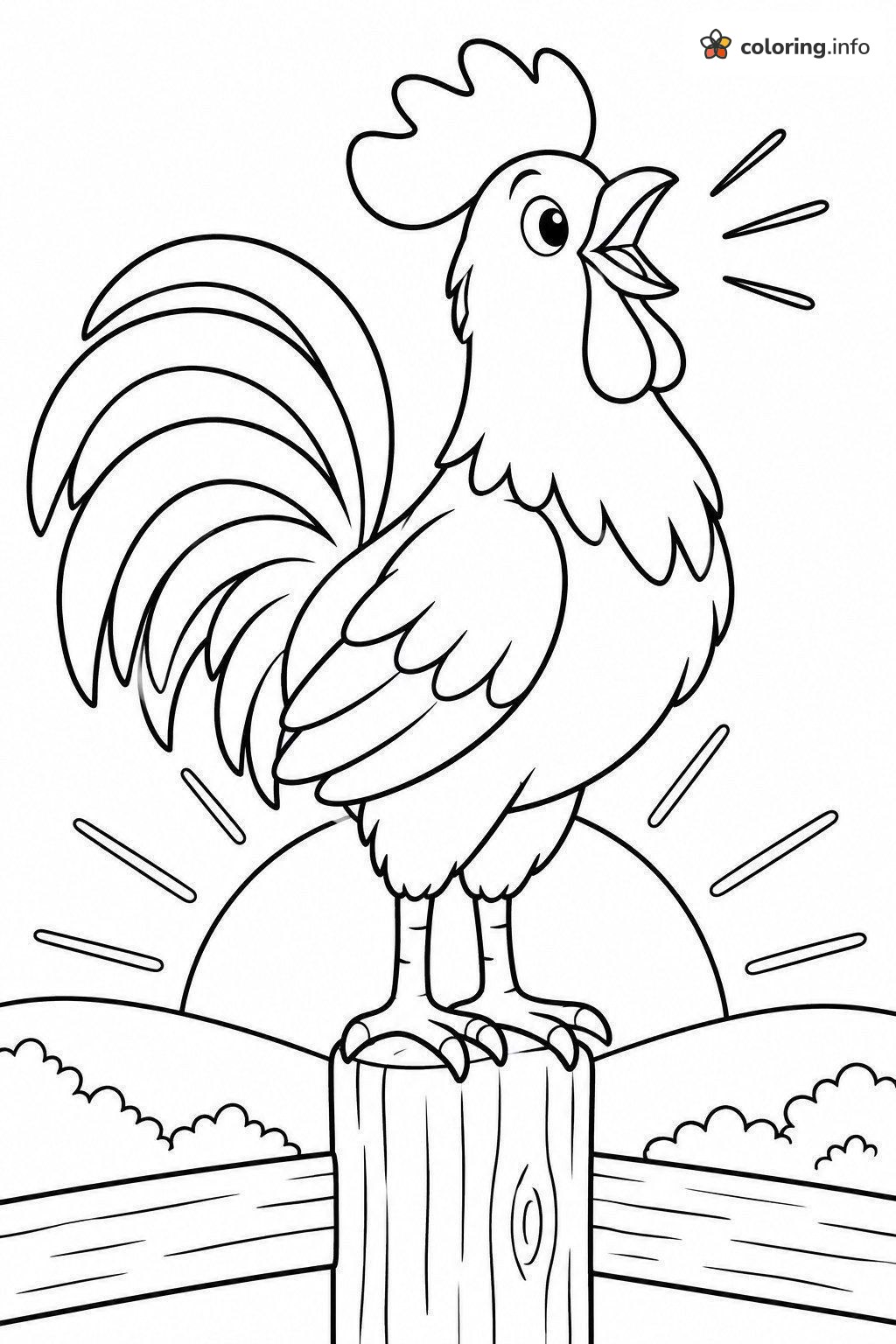 Crowing Rooster Chicken on a Fence Post at Sunrise coloring page Crowing Rooster Chicken on a Fence Post at Sunrise coloring page