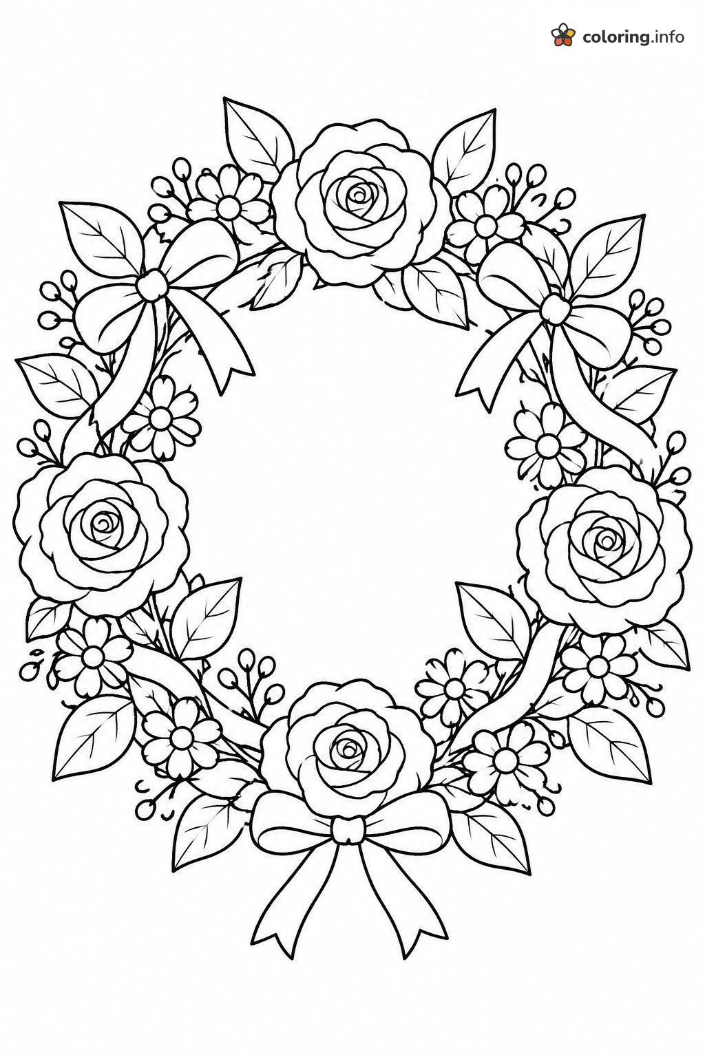 Rose Wreath with Bows, Aesthetic Flower Page coloring page Rose Wreath with Bows, Aesthetic Flower Page coloring page