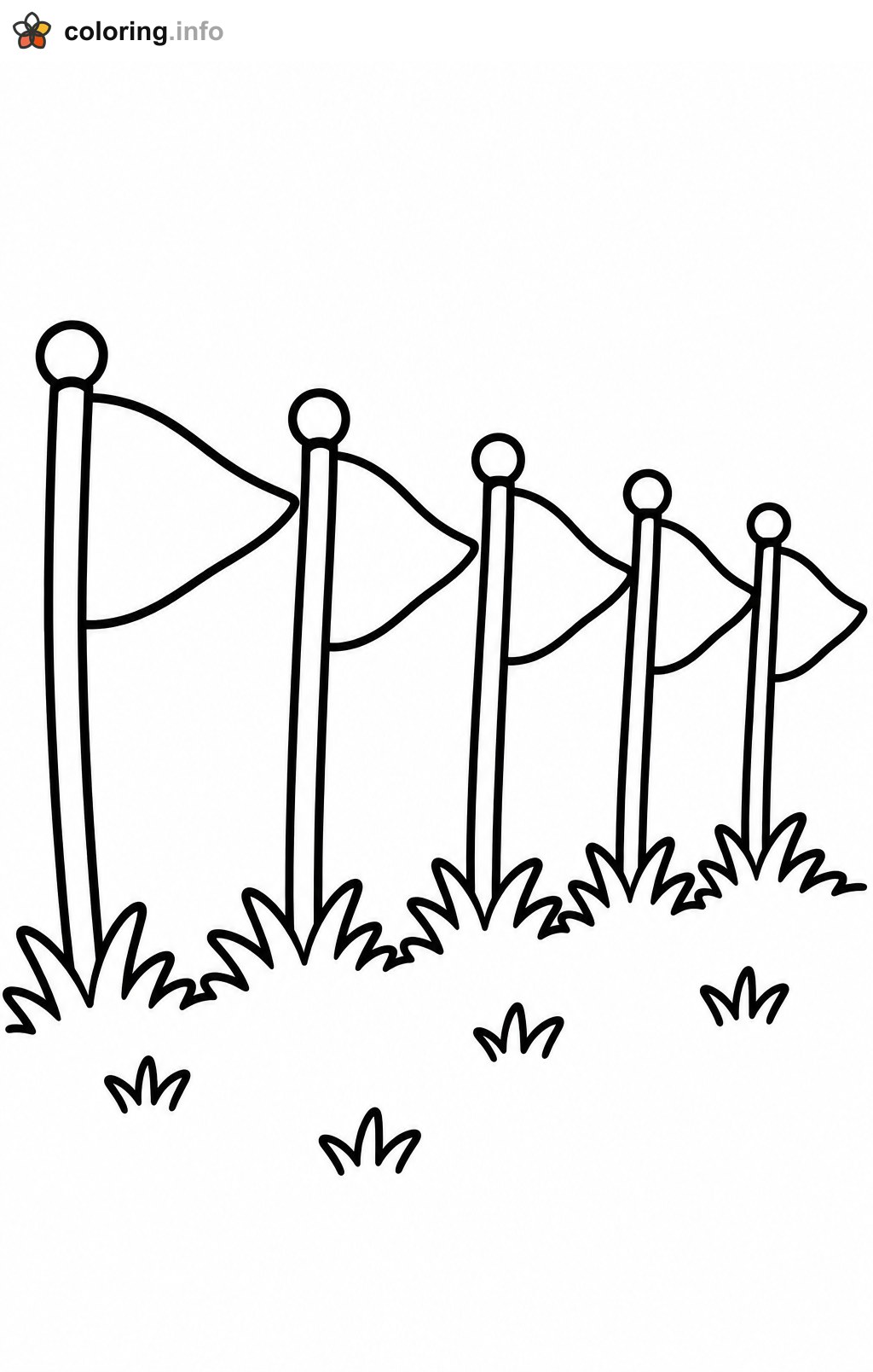 Row of Five Flags on Poles in Grass coloring page Row of Five Flags on Poles in Grass coloring page