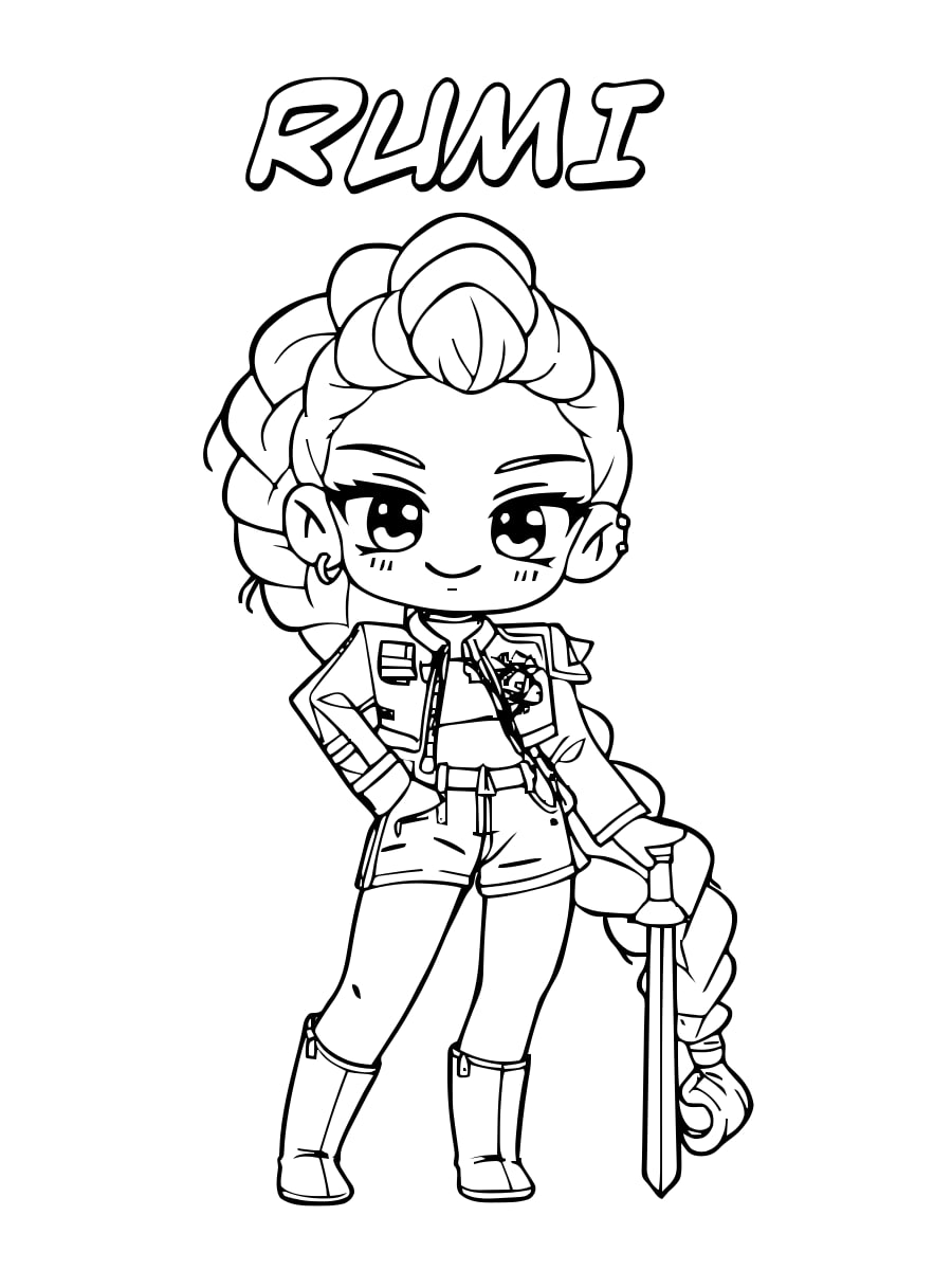Rumi — Proud Pose with Sword and Braid coloring page Rumi — Proud Pose with Sword and Braid coloring page