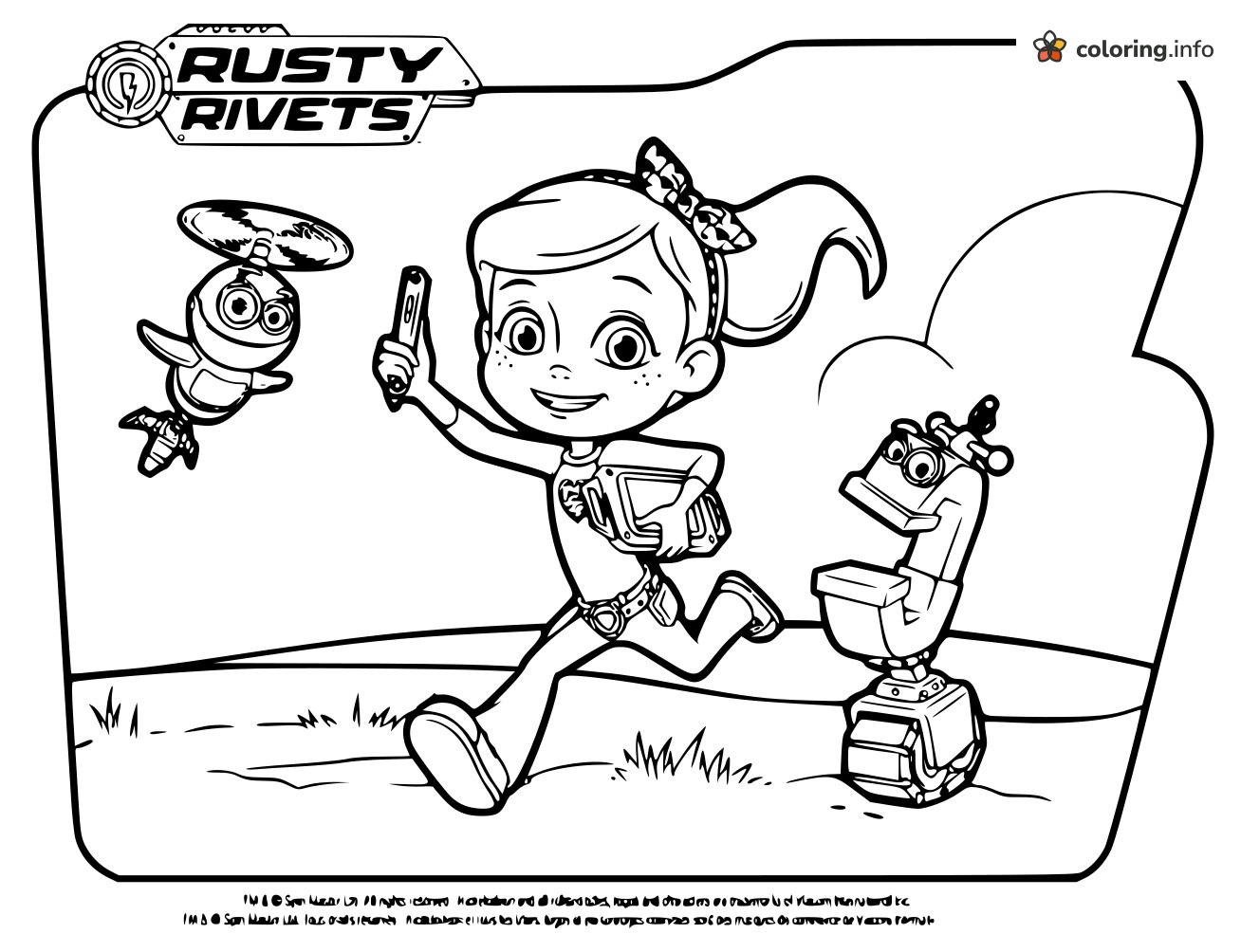 Running Girl With Flying Robots, Rusty Rivets Page coloring sheet Running Girl With Flying Robots, Rusty Rivets Page coloring sheet