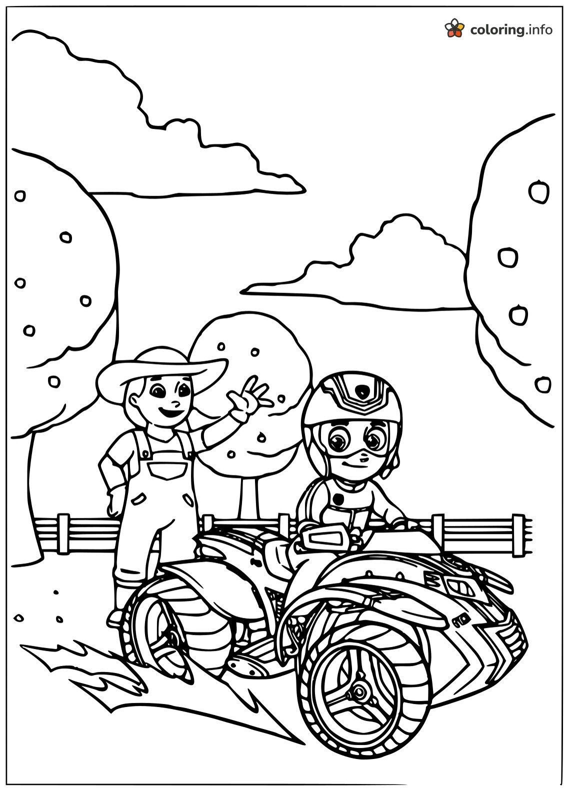 PAW Patrol Ryder on an ATV With a Waving Farmer coloring page PAW Patrol Ryder on an ATV With a Waving Farmer coloring page