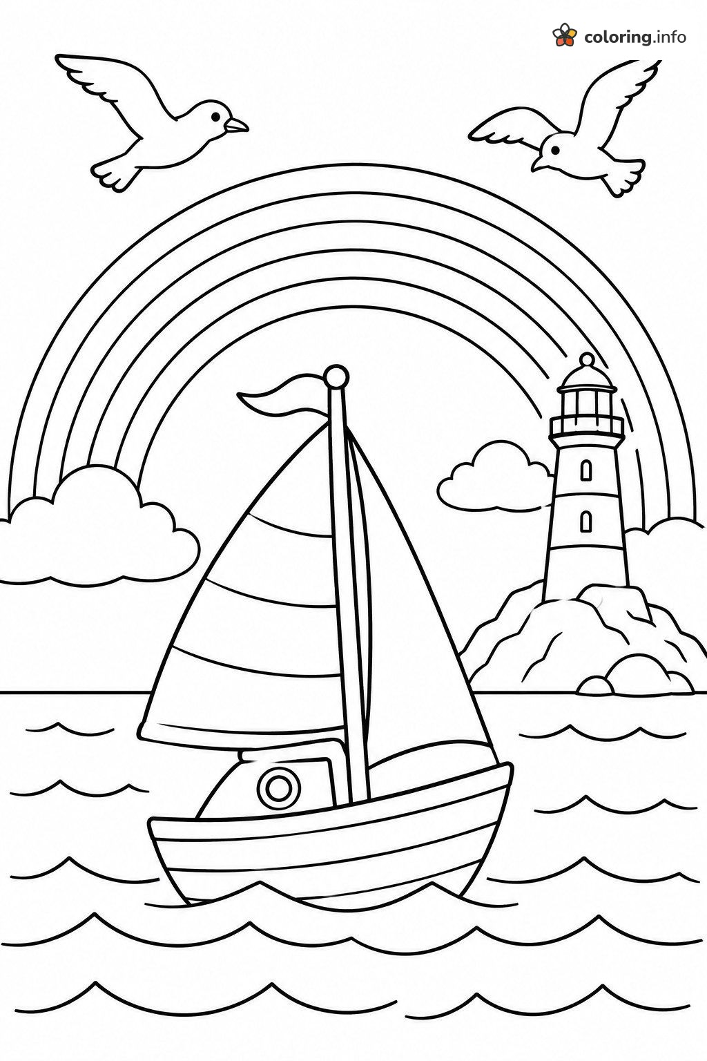Sailboat, Lighthouse and Seagulls With a Rainbow coloring page Sailboat, Lighthouse and Seagulls With a Rainbow coloring page