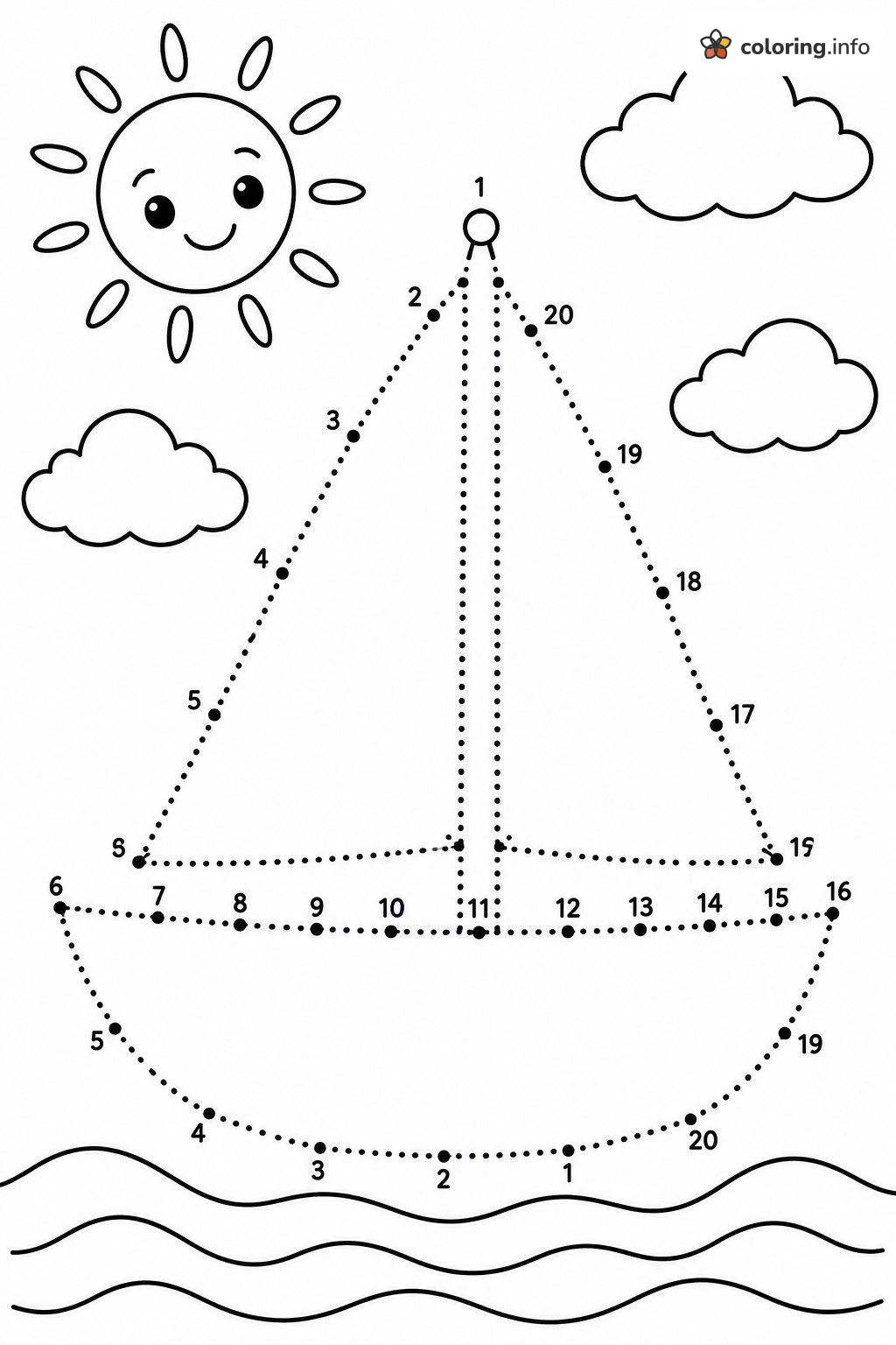 Sailboat Dot-to-Dot Activity Sheets with a Happy Sun coloring page Sailboat Dot-to-Dot Activity Sheets with a Happy Sun coloring page
