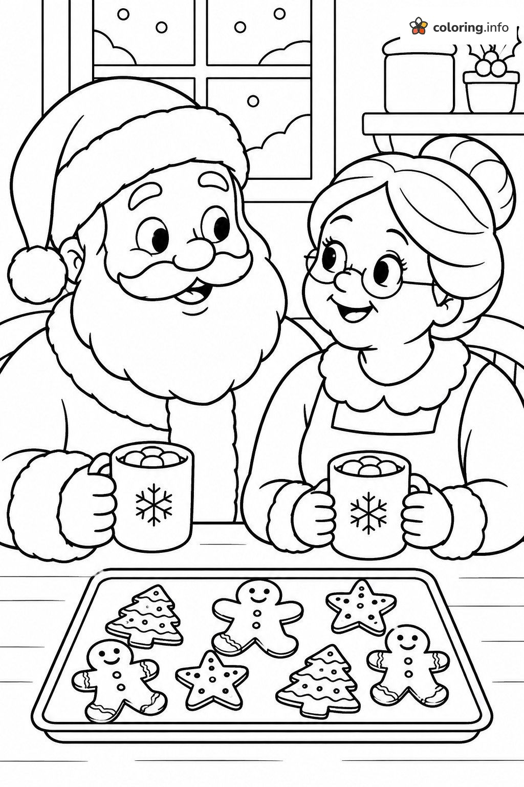 Mr. and Mrs. Santa Claus Enjoying Cocoa and Cookies coloring sheet Mr. and Mrs. Santa Claus Enjoying Cocoa and Cookies coloring sheet