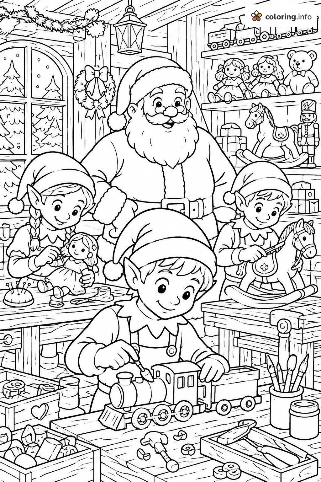 Santa and Three Elves Busy Making Toys, Christmas for Kids coloring sheet Santa and Three Elves Busy Making Toys, Christmas for Kids coloring sheet