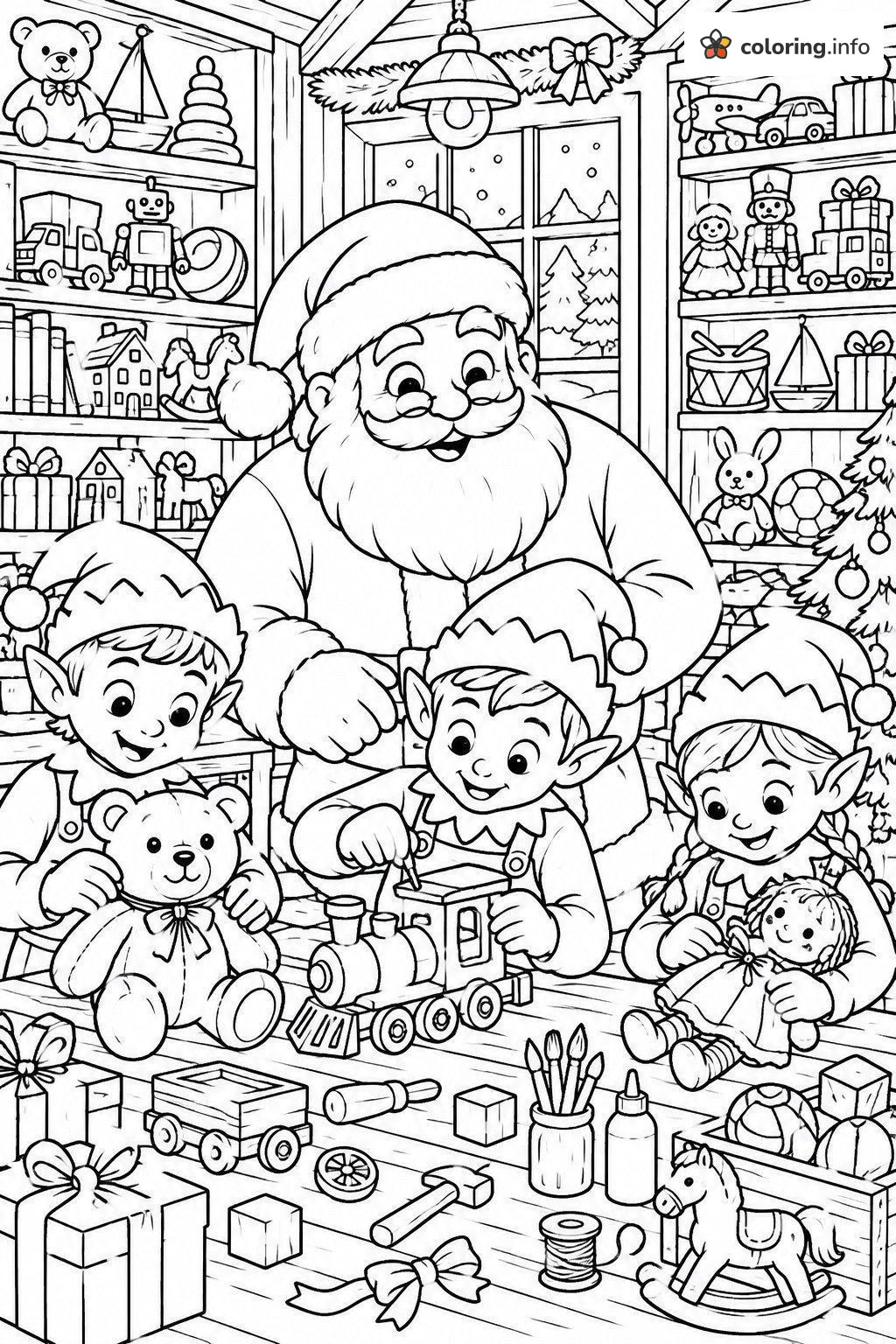 Toy Workshop Busy with Santa Claus and Three Elves coloring sheet Toy Workshop Busy with Santa Claus and Three Elves coloring sheet