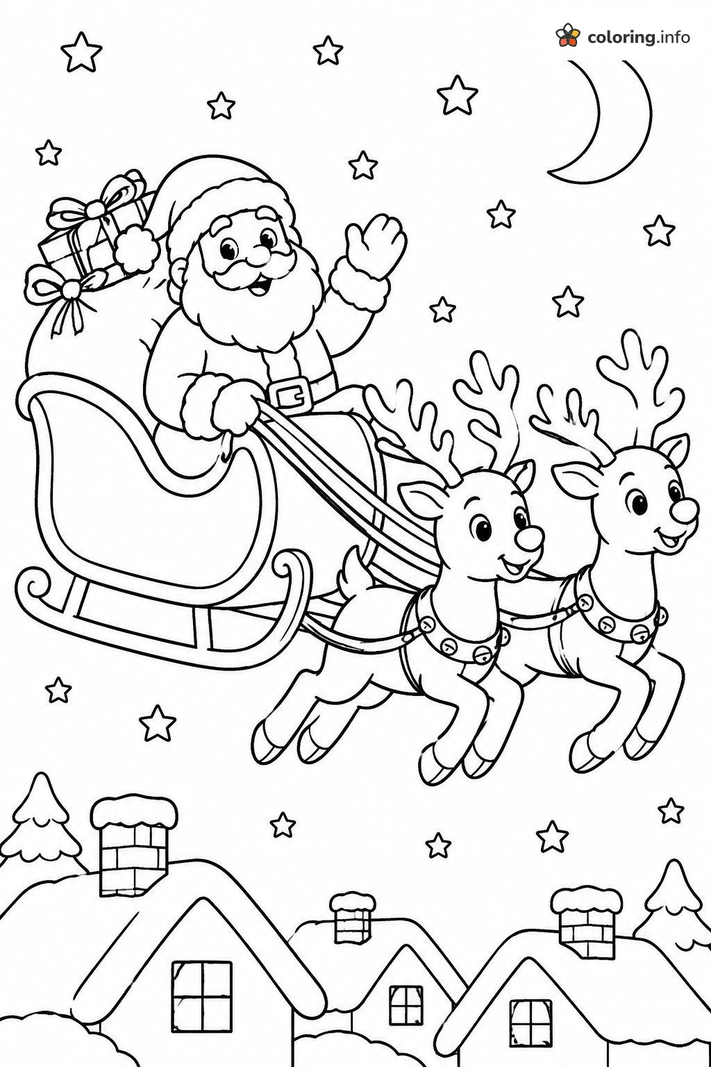 Christmas (Adult) Santa Sleigh Ride Over Snowy Rooftops coloring page Christmas (Adult) Santa Sleigh Ride Over Snowy Rooftops coloring page