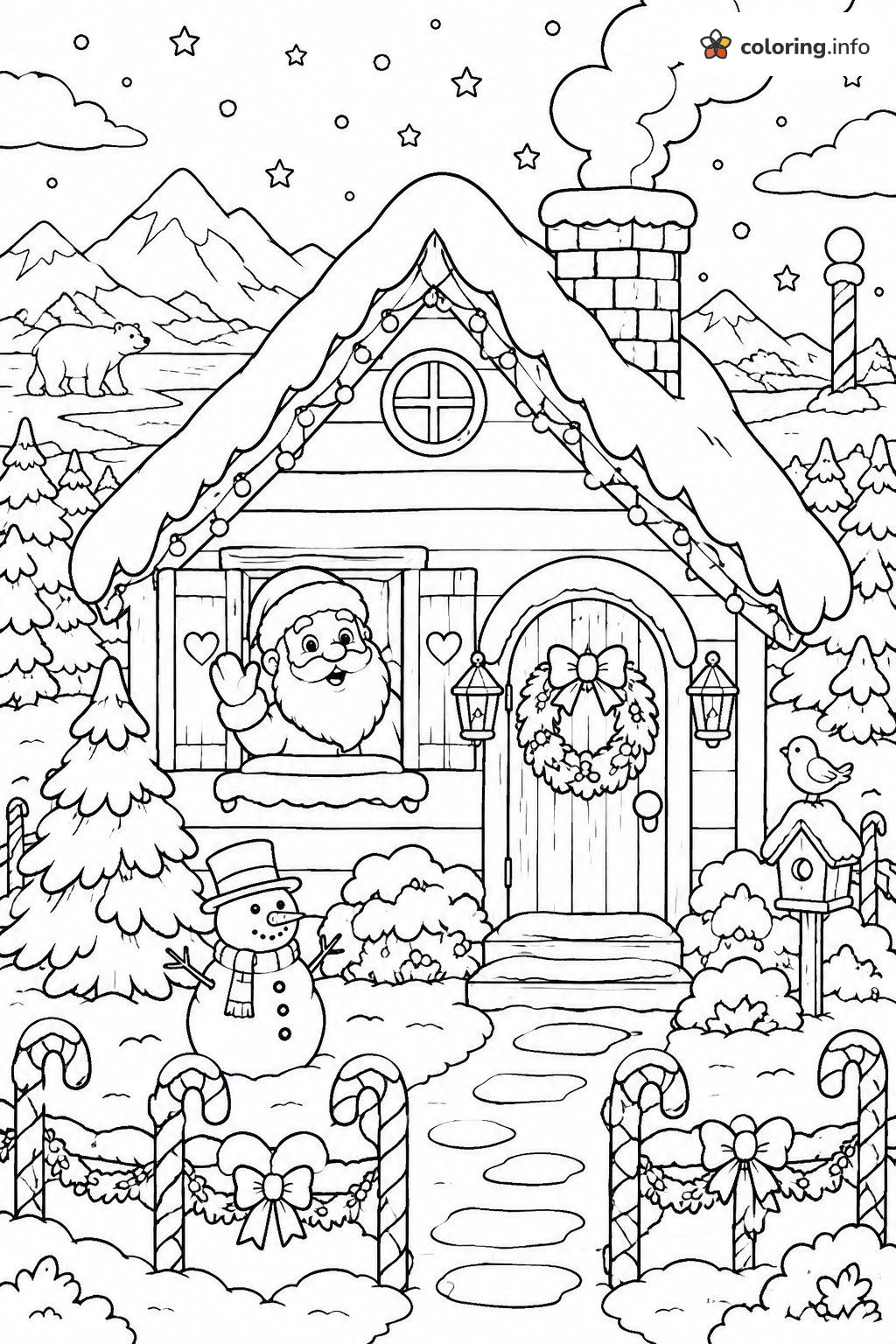 Santa Claus Leaning Out a Snowy Cottage Window to Wave coloring page Santa Claus Leaning Out a Snowy Cottage Window to Wave coloring page