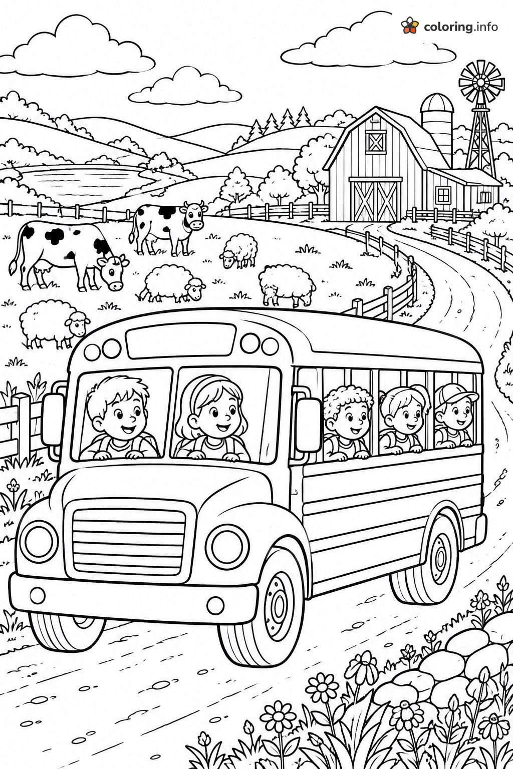 Country Road Bus Ride Past Cows, Sheep and a Barn coloring sheet Country Road Bus Ride Past Cows, Sheep and a Barn coloring sheet