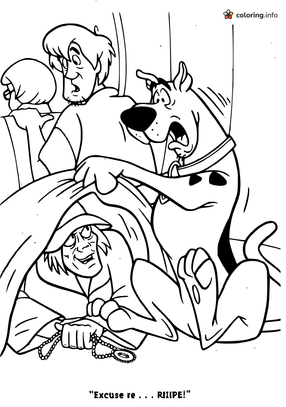 Scooby-Doo Pulls Back a Blanket and Spots a Hooded Figure printable coloring page Scooby-Doo Pulls Back a Blanket and Spots a Hooded Figure printable coloring page