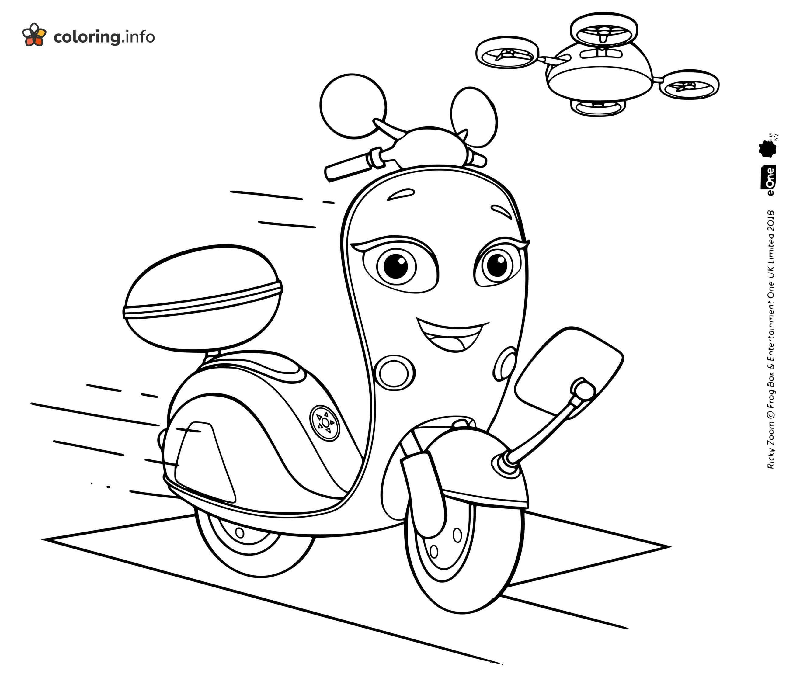 Scootio Zooming Past a Drone, Ricky Zoom Fun coloring page Scootio Zooming Past a Drone, Ricky Zoom Fun coloring page