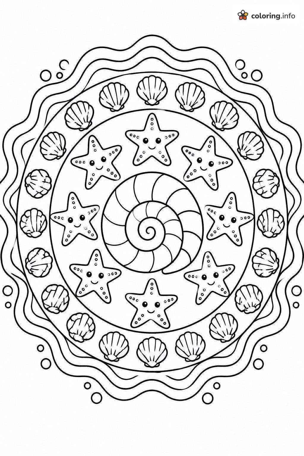 Ocean Mandala with Starfish and Shells coloring page Ocean Mandala with Starfish and Shells coloring page