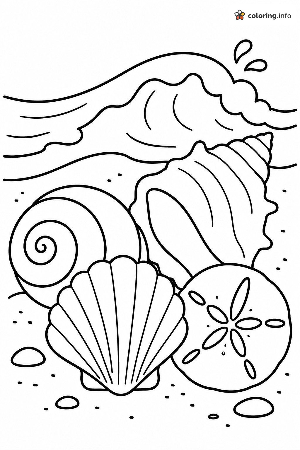 Beach Shells and a Sand Dollar by an Ocean Wave coloring page Beach Shells and a Sand Dollar by an Ocean Wave coloring page