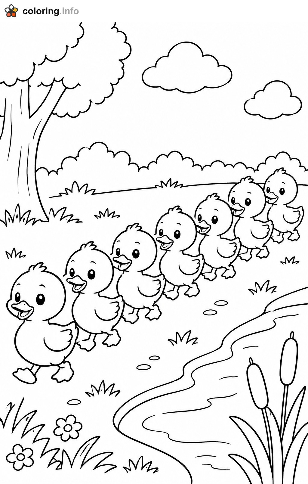 Seven Ducklings Walking in a Line by the Stream printable coloring page Seven Ducklings Walking in a Line by the Stream printable coloring page