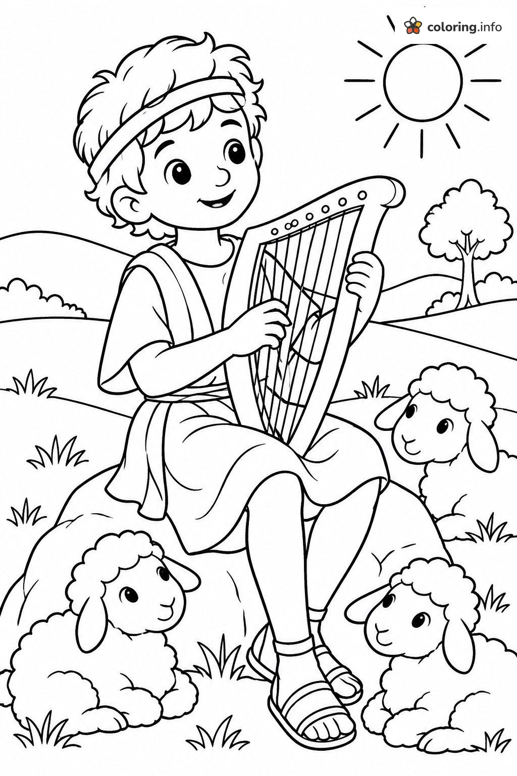 Little Harp Player on a Rock, a Bible Shepherd Boy coloring sheet Little Harp Player on a Rock, a Bible Shepherd Boy coloring sheet
