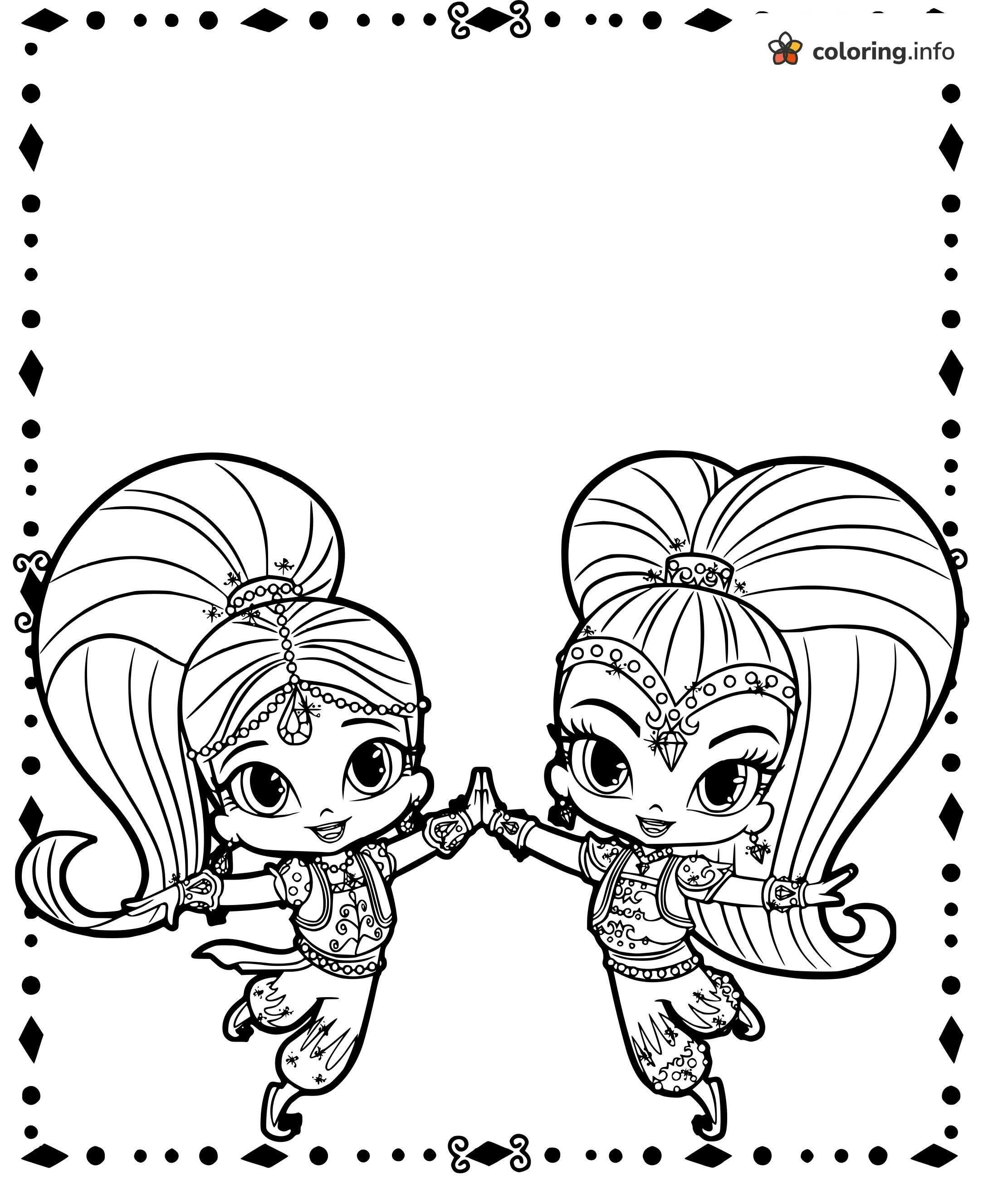 Twin Genies Touching Palms in a Shimmer and Shine Dance coloring sheet Twin Genies Touching Palms in a Shimmer and Shine Dance coloring sheet