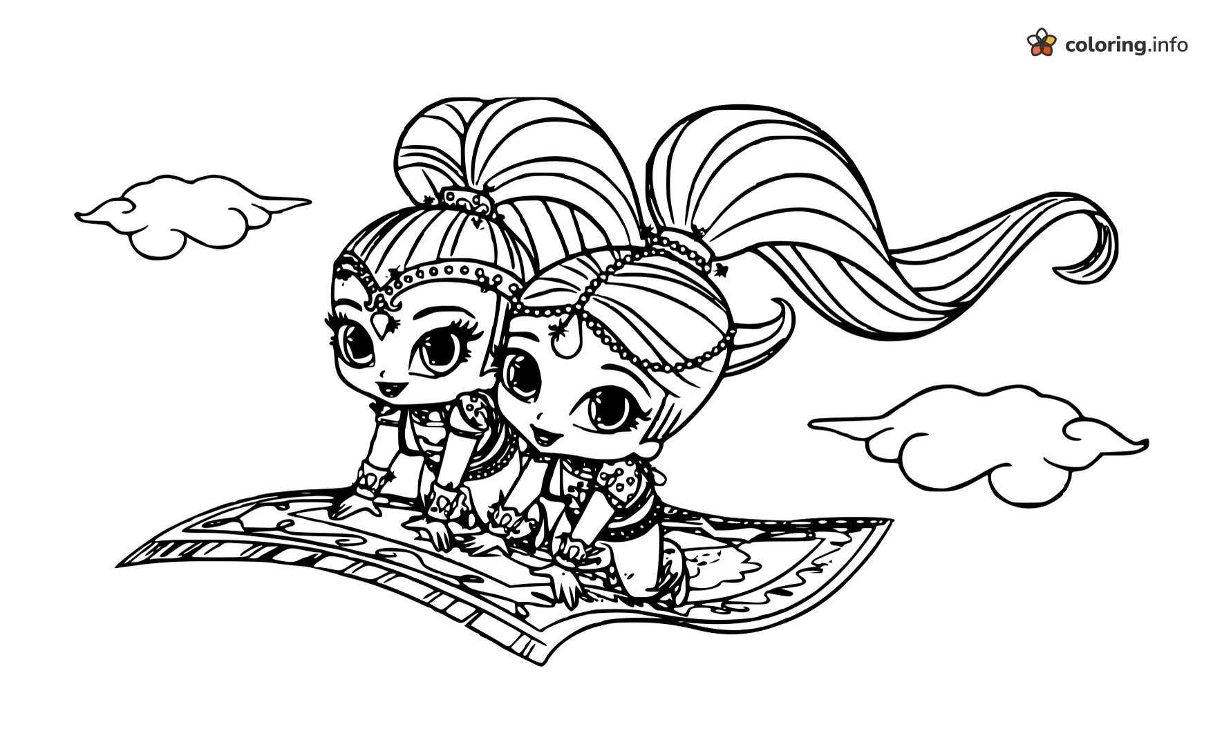 Shimmer and Shine Carpet Flight Under Puffy Clouds coloring page Shimmer and Shine Carpet Flight Under Puffy Clouds coloring page