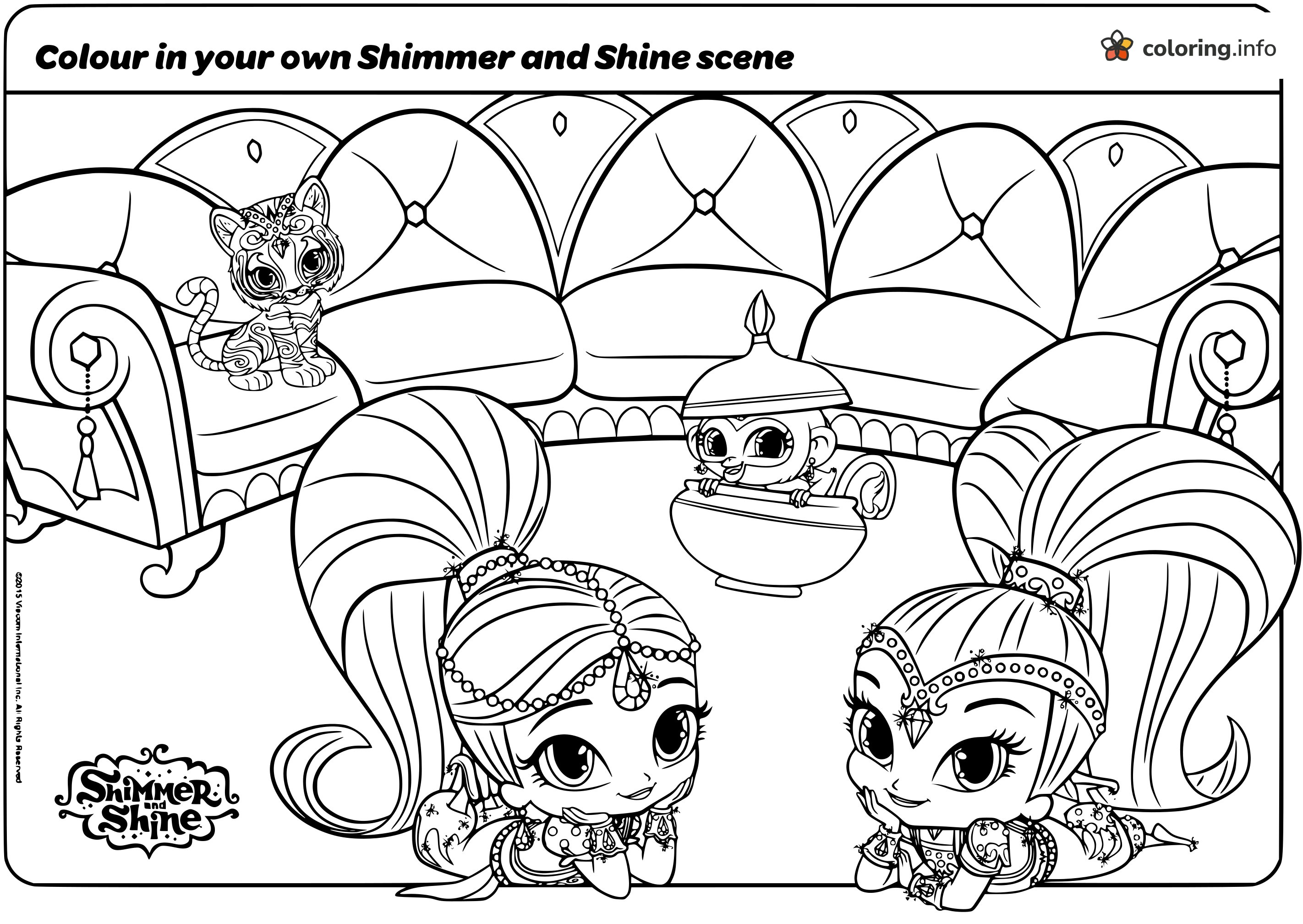 Cozy Sofa Scene With Shimmer and Shine, Tiger and Monkey coloring page Cozy Sofa Scene With Shimmer and Shine, Tiger and Monkey coloring page