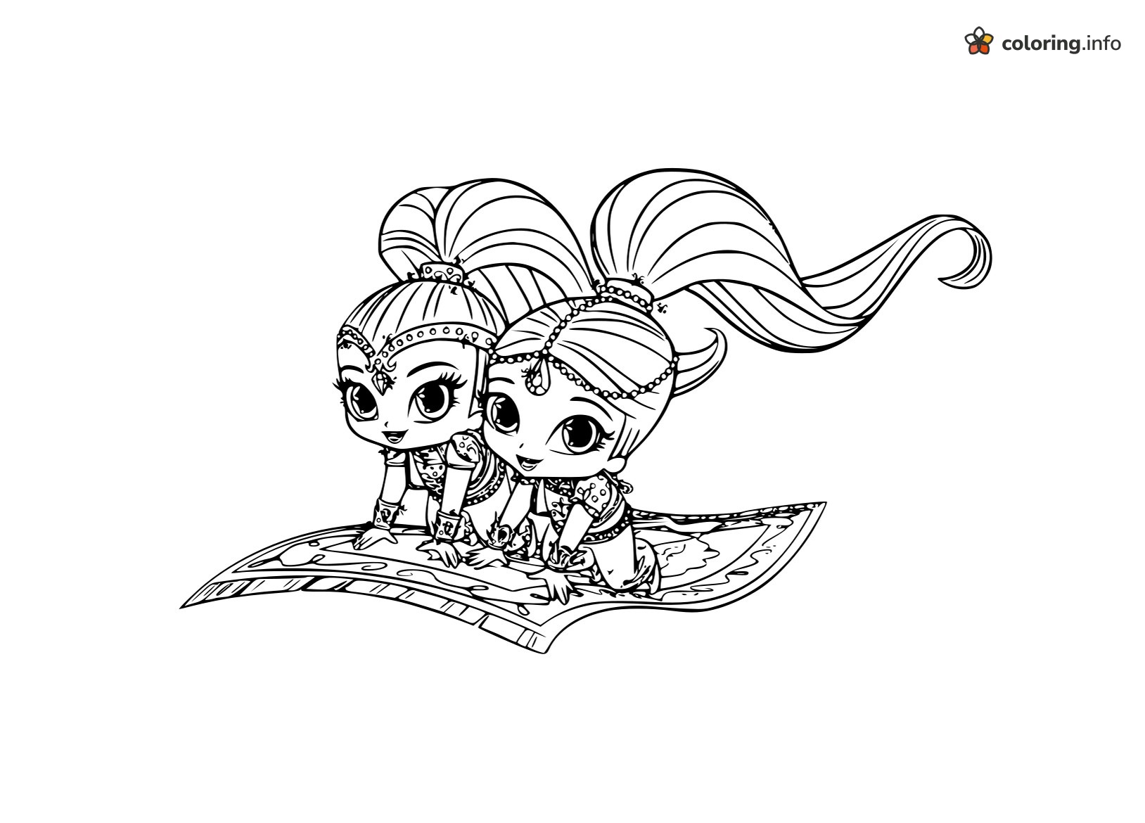 Two Genies Kneeling on a Flying Carpet, Shimmer and Shine coloring page Two Genies Kneeling on a Flying Carpet, Shimmer and Shine coloring page