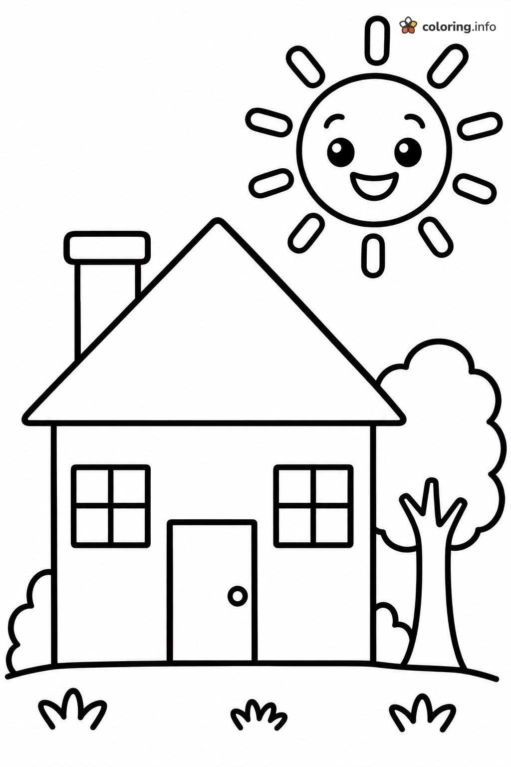 Easy Little House With a Smiling Sun and Tree coloring page Easy Little House With a Smiling Sun and Tree coloring page