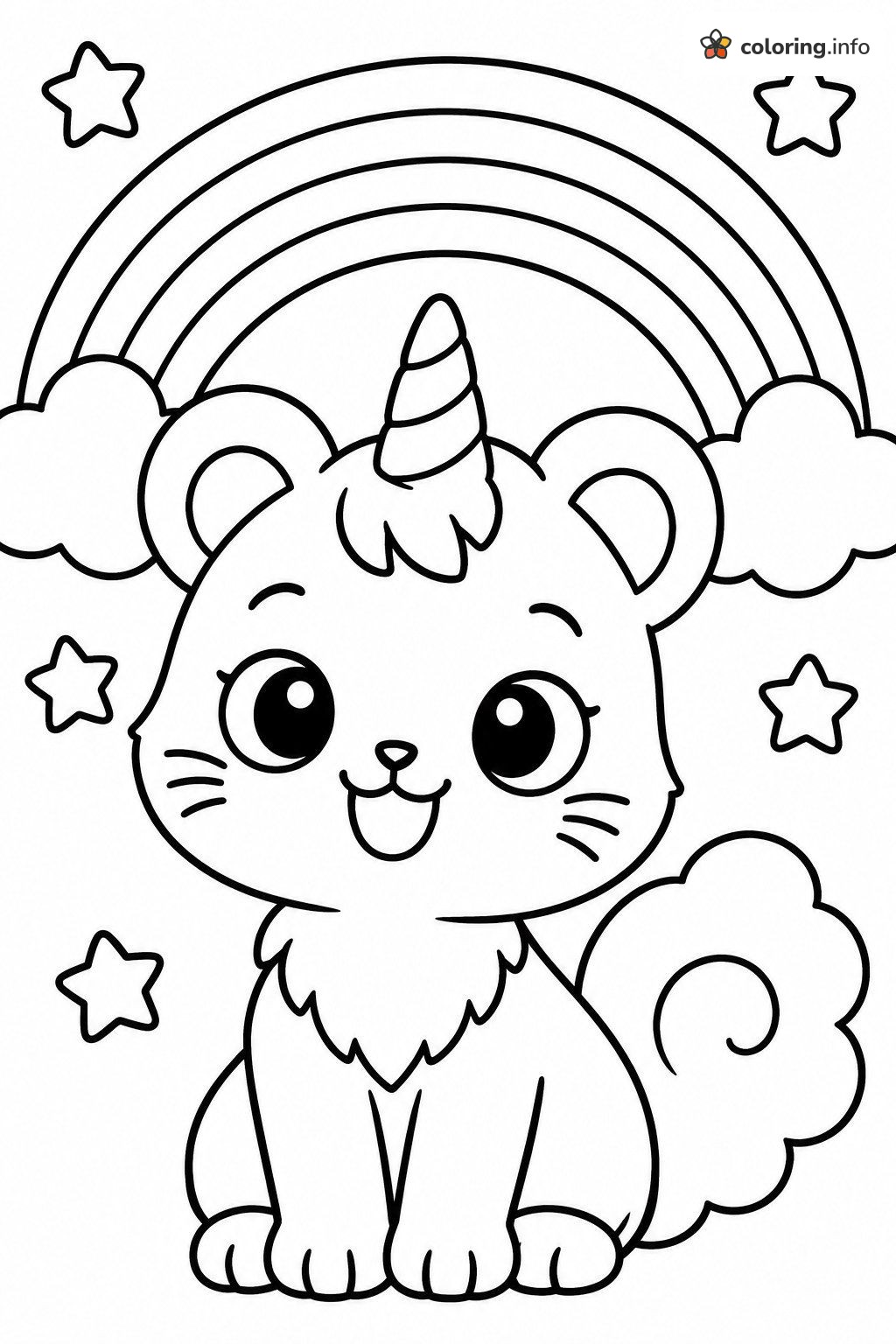 Unikitty Sitting Under a Rainbow With Five Stars coloring page Unikitty Sitting Under a Rainbow With Five Stars coloring page