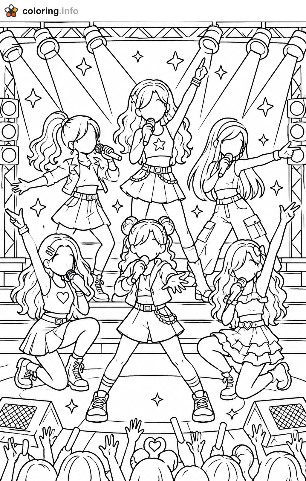 Six Girls Singing on a Concert Stage coloring page Six Girls Singing on a Concert Stage coloring page