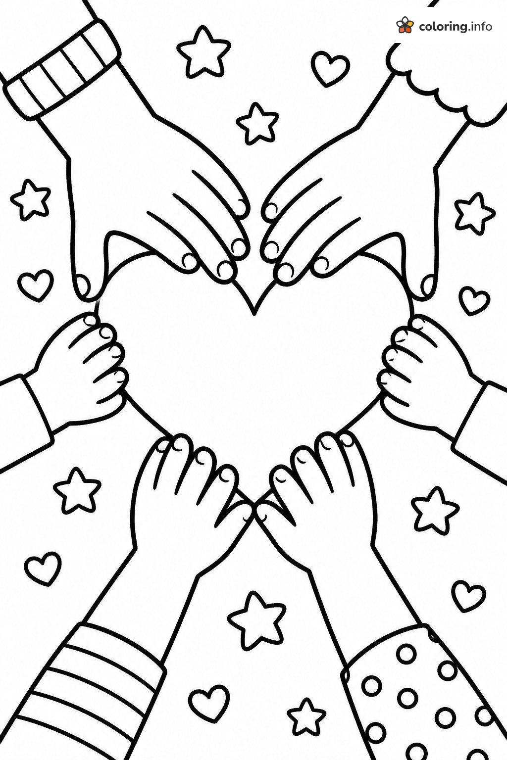 Six Helping Hands Friendship Heart with Stars coloring page Six Helping Hands Friendship Heart with Stars coloring page