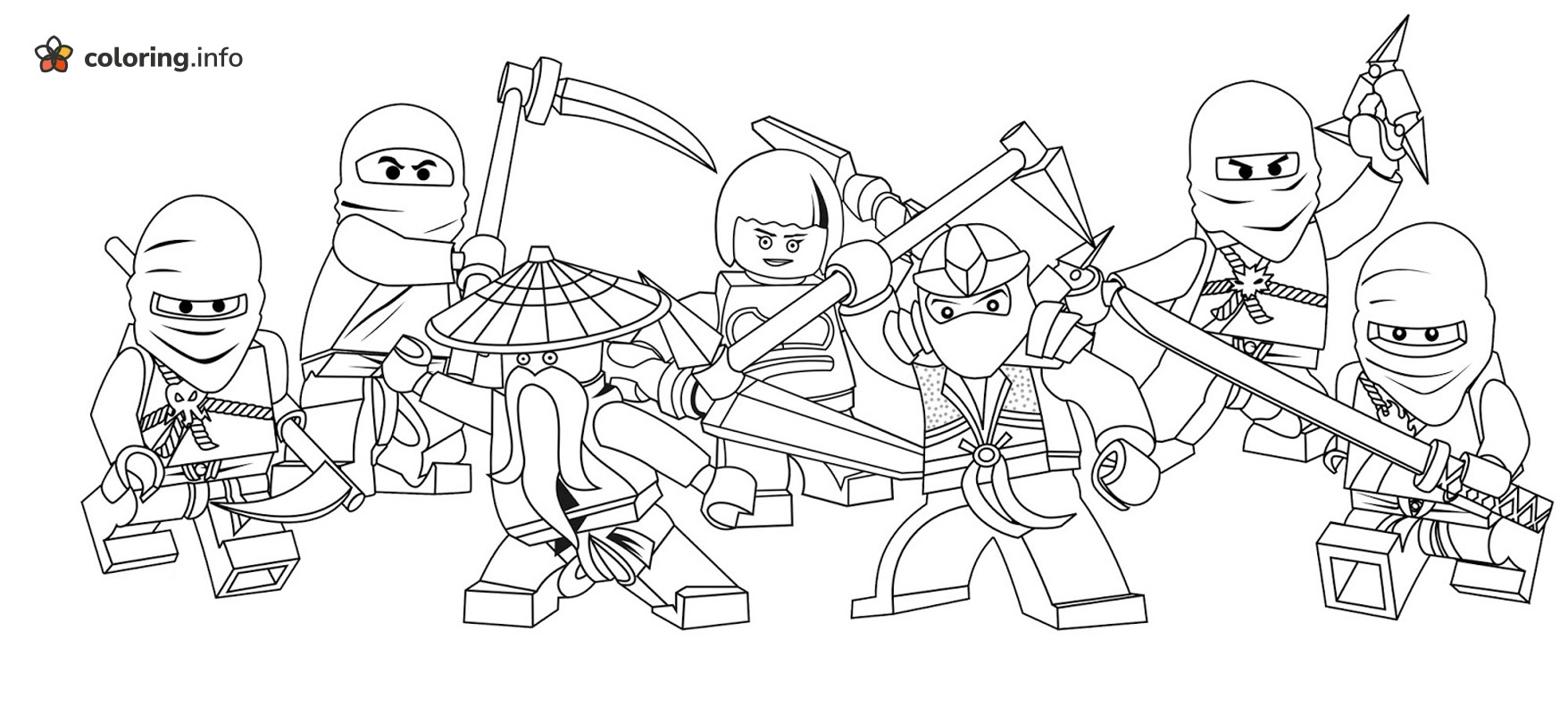 Six-Fighter Ninjago Team With Scythe, Staff and Hammer coloring page Six-Fighter Ninjago Team With Scythe, Staff and Hammer coloring page