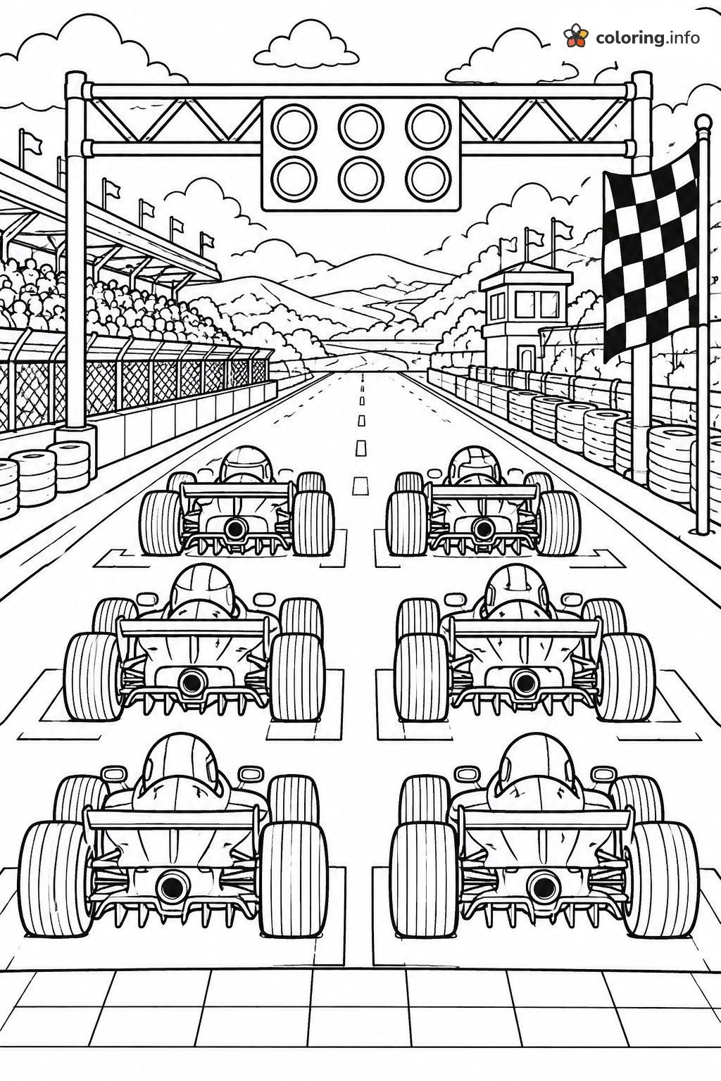 Six Race Cars on the Starting Grid coloring page Six Race Cars on the Starting Grid coloring page