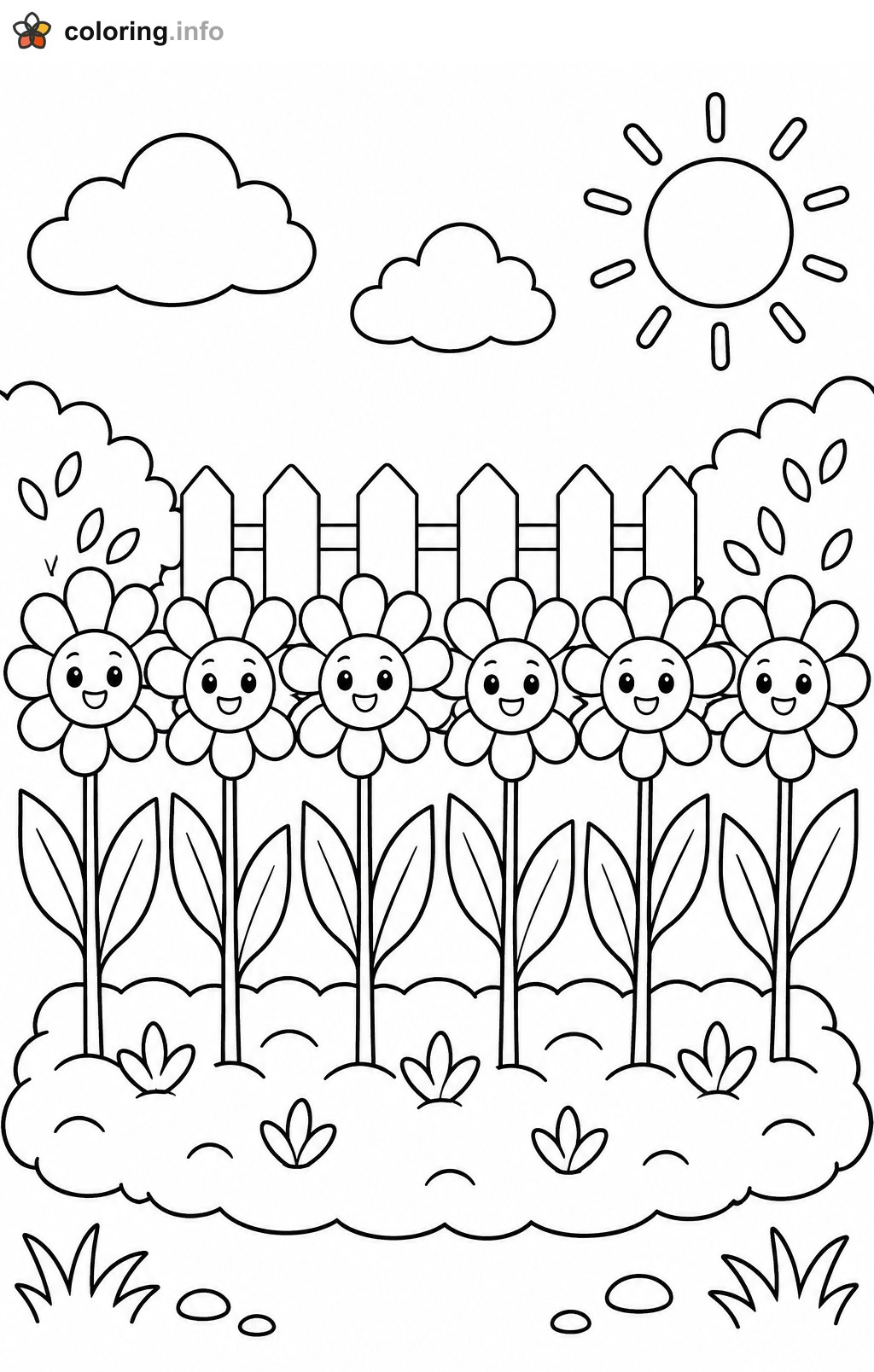 Six Smiling Flowers in a Garden Bed coloring page Six Smiling Flowers in a Garden Bed coloring page