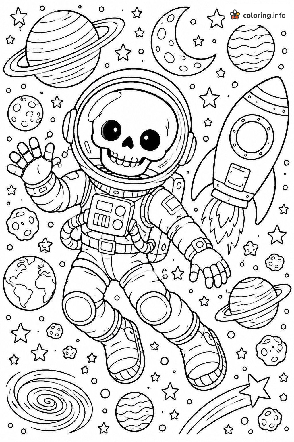 Astronaut Skeleton Floating by Planets and a Rocket coloring page Astronaut Skeleton Floating by Planets and a Rocket coloring page