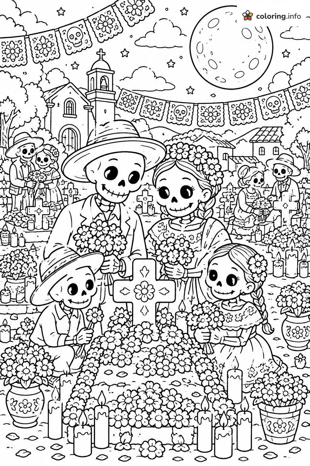 Sugar Skulls (Día de Muertos) Skeleton Family Bringing Flowers to a Grave coloring sheet Sugar Skulls (Día de Muertos) Skeleton Family Bringing Flowers to a Grave coloring sheet