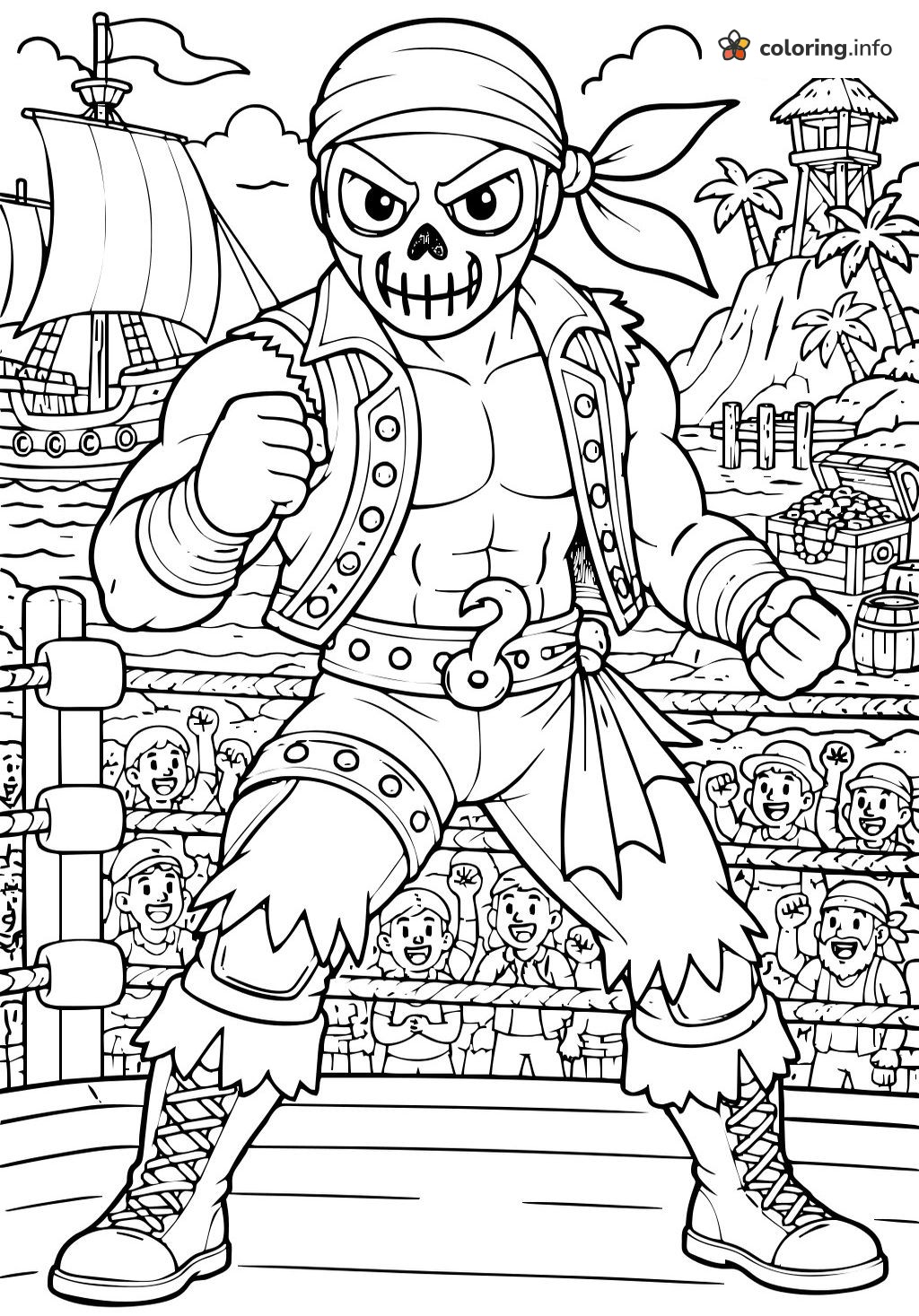 Pirate Wrestler with a Skull Mask and a Cheering Crowd: WWE / Wrestling coloring page Pirate Wrestler with a Skull Mask and a Cheering Crowd: WWE / Wrestling coloring page