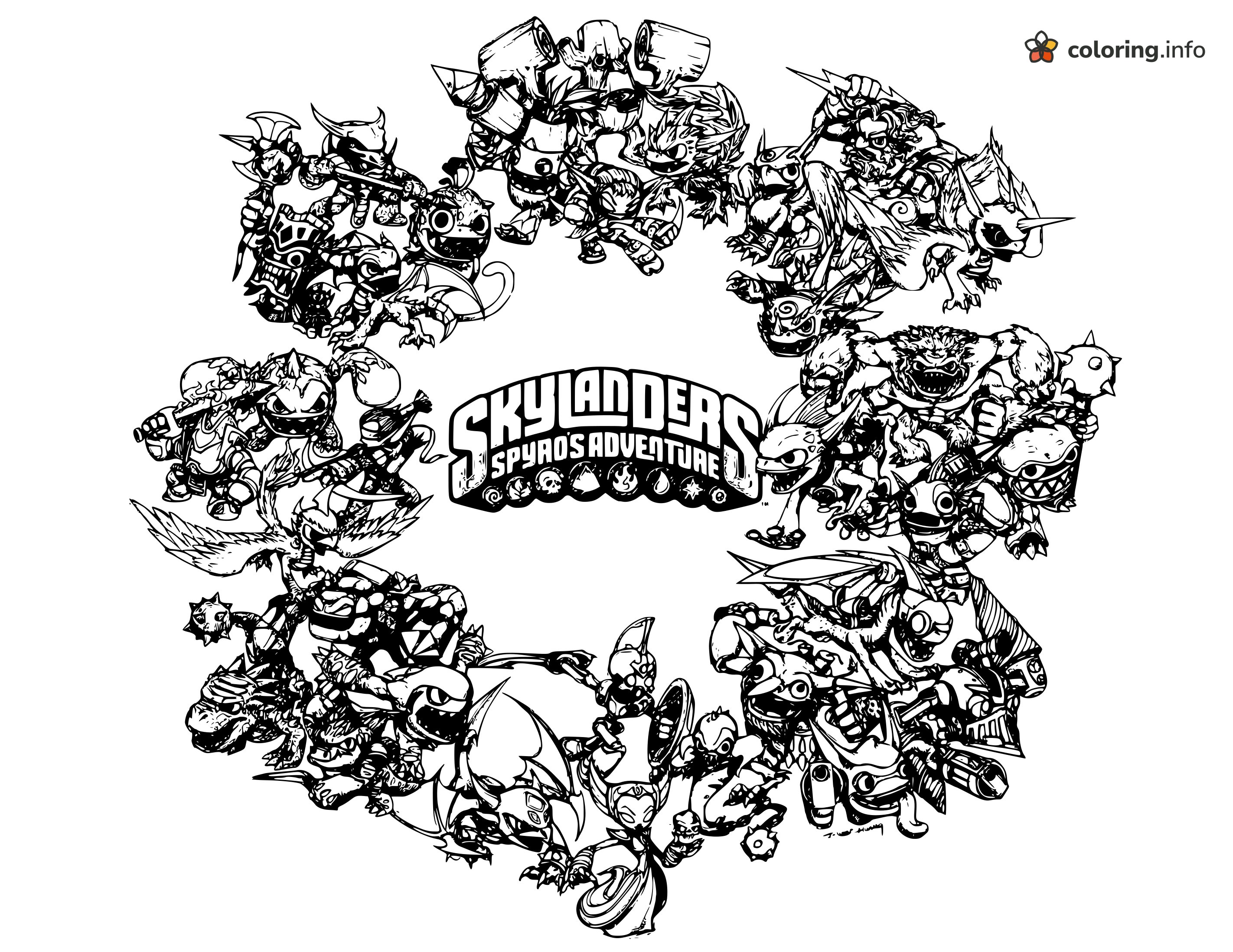 Big Wreath of Skylanders Characters Around Spyro's Adventure Logo coloring sheet Big Wreath of Skylanders Characters Around Spyro's Adventure Logo coloring sheet