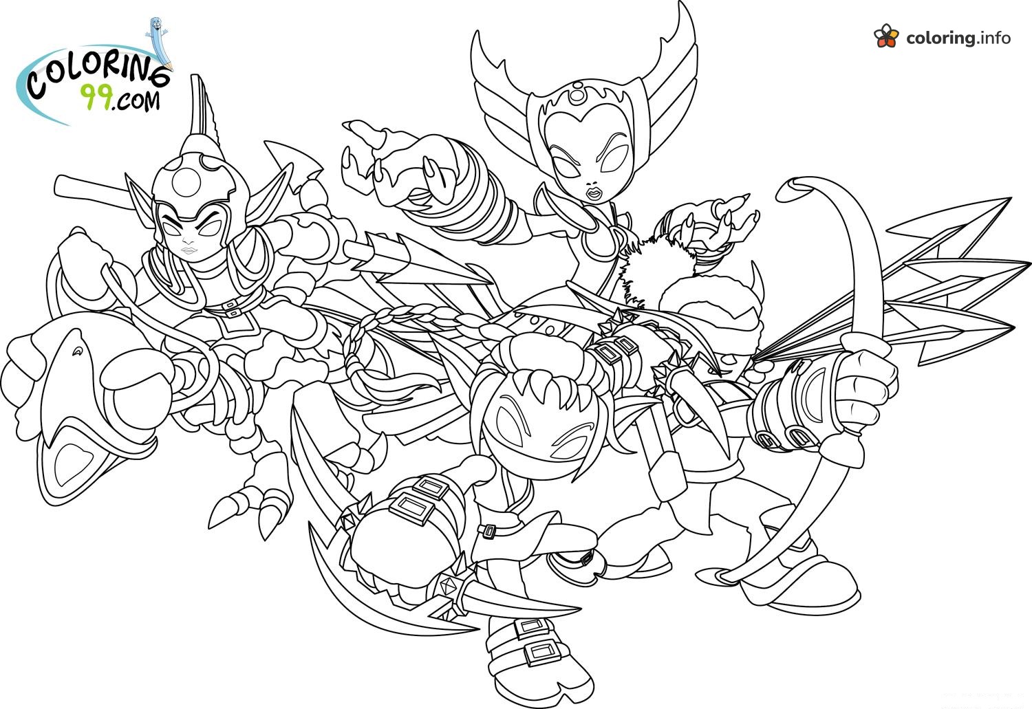 Four Skylanders Heroes in a Bow and Blades Battle coloring page Four Skylanders Heroes in a Bow and Blades Battle coloring page