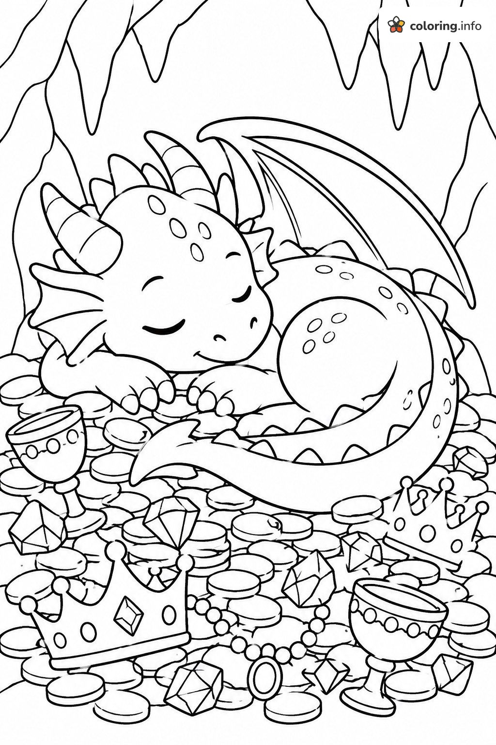 Sleepy Dragon Curled Up on a Pile of Gold coloring page Sleepy Dragon Curled Up on a Pile of Gold coloring page