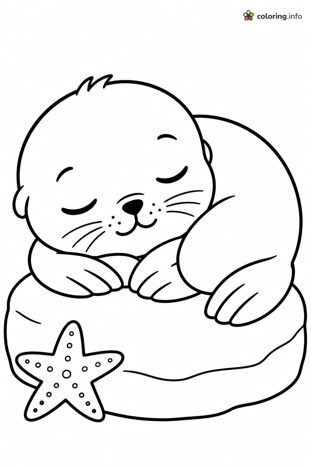 Sleepy Seal Pup Curled Up on a Rock with a Starfish coloring page Sleepy Seal Pup Curled Up on a Rock with a Starfish coloring page