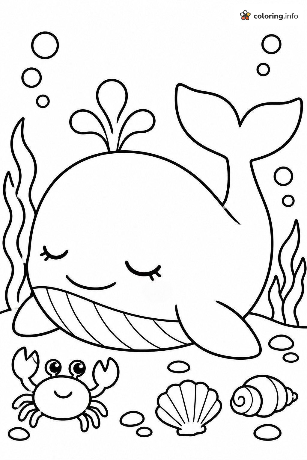 Sleepy Baby Whale Resting by a Crab and Shells coloring page Sleepy Baby Whale Resting by a Crab and Shells coloring page