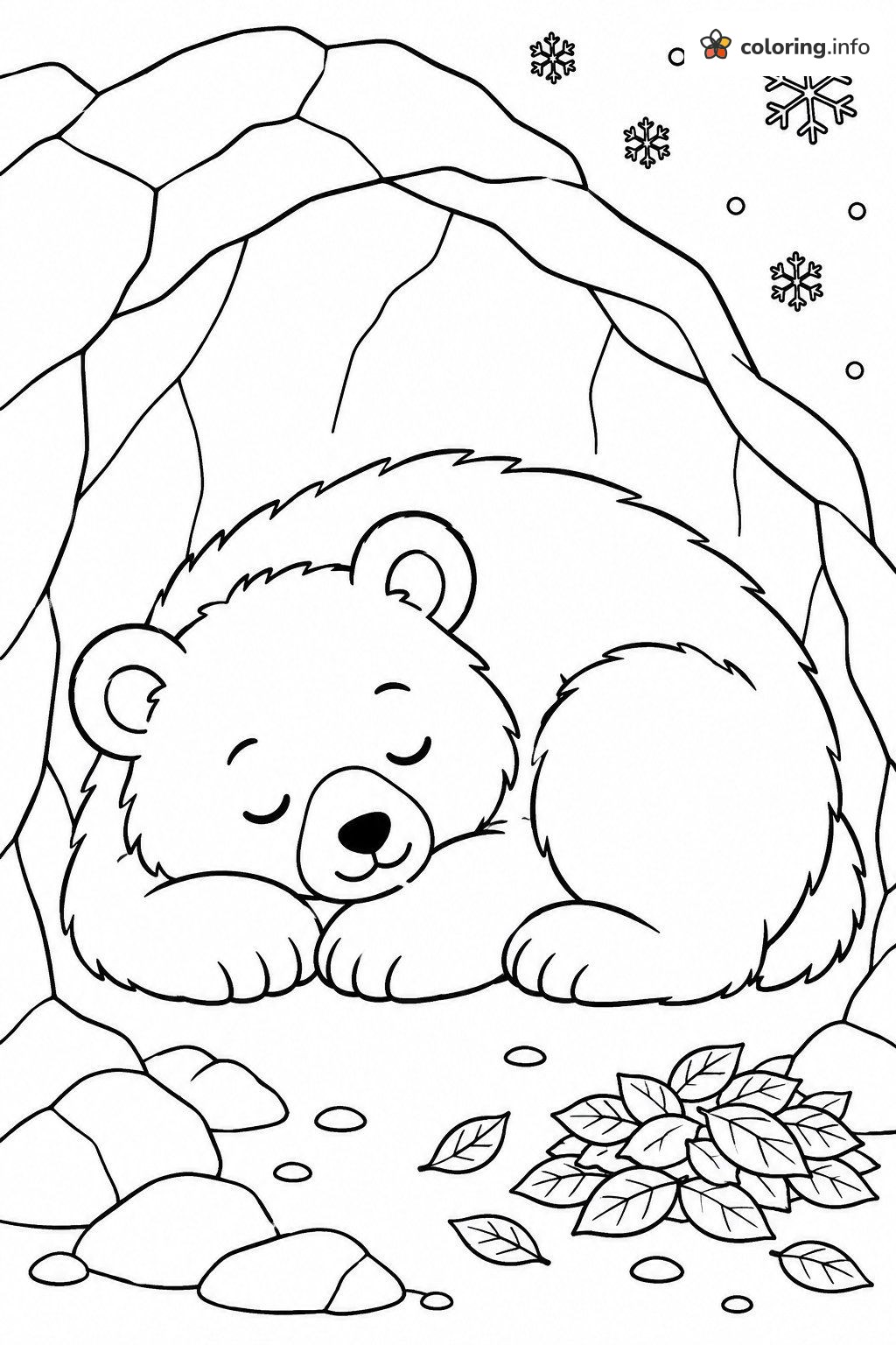 Cozy Sleeping Bear Cub in a Snowy Cave coloring page Cozy Sleeping Bear Cub in a Snowy Cave coloring page