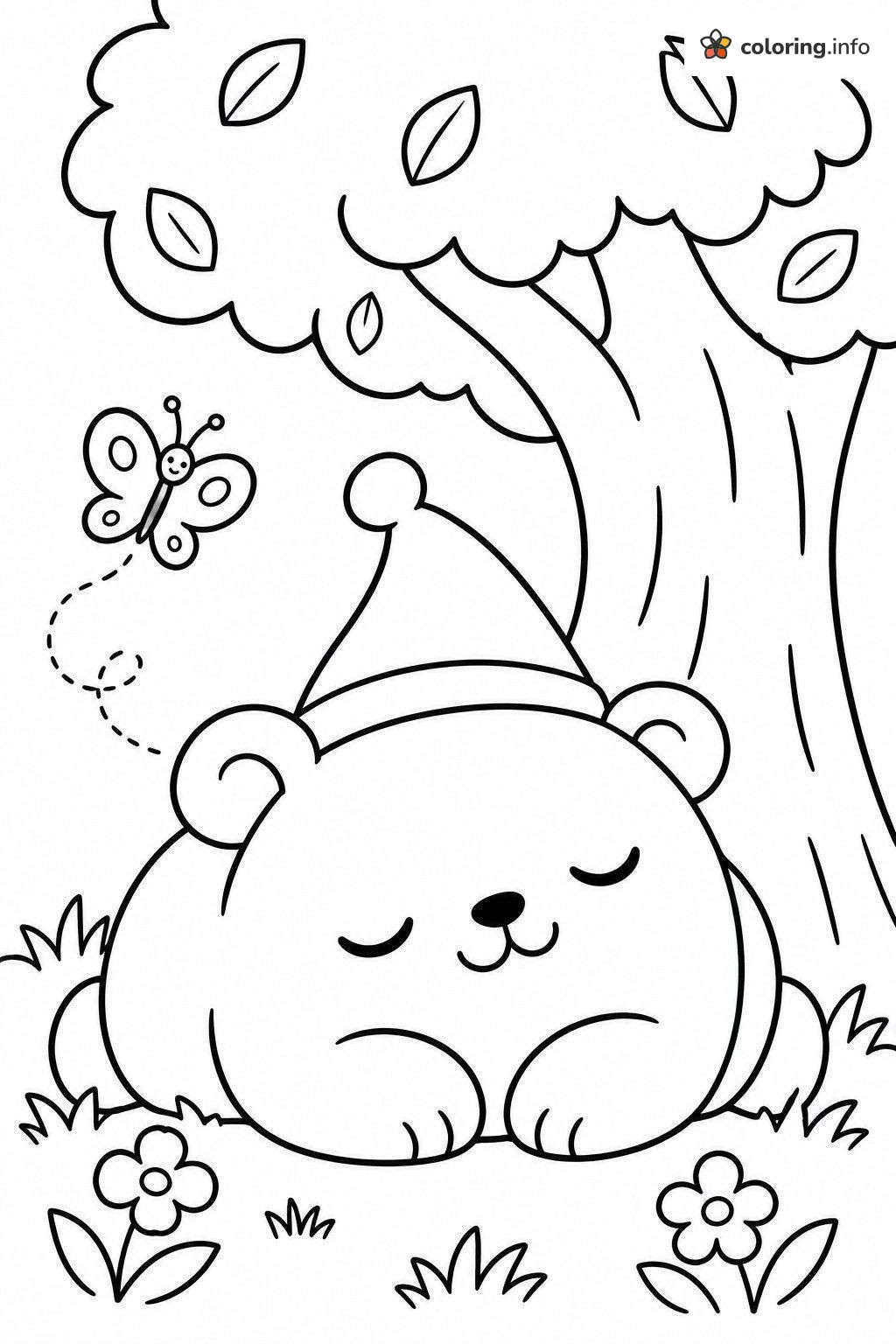 Sleepy Oddbods Bear in a Party Hat Under a Tree printable coloring page Sleepy Oddbods Bear in a Party Hat Under a Tree printable coloring page