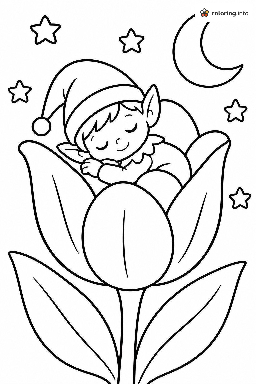 Sleepy Elf Napping in a Tulip Under the Moon coloring page Sleepy Elf Napping in a Tulip Under the Moon coloring page